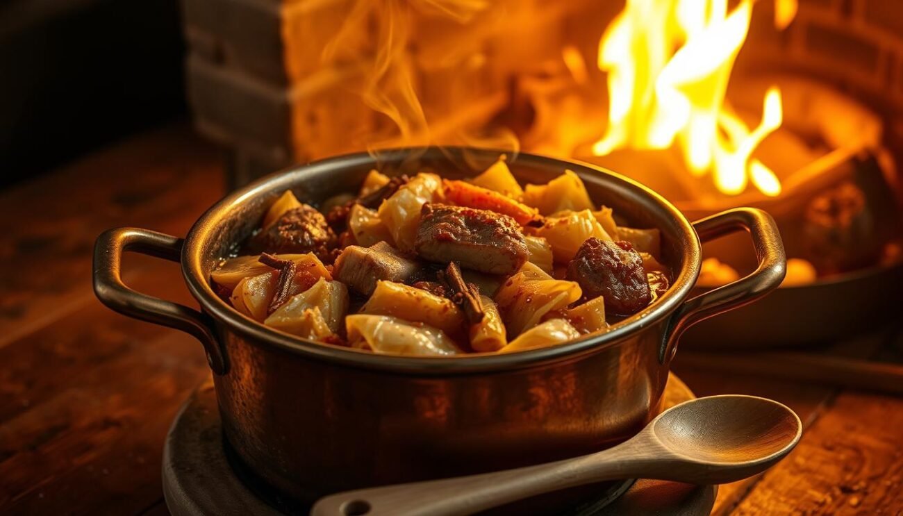 A rustic copper pot simmering on a wooden table, filled with a hearty stew of braised cabbage, pork, and aromatic spices. The flickering firelight casts a warm glow, illuminating the rich, earthy tones of the dish. Wisps of steam rise, carrying the enticing scent of slow-cooked flavors. In the foreground, a wooden spoon rests beside the pot, ready to stir and taste the traditional Cassœula Milanese. The scene evokes the comforting, homemade essence of this winter dish, a cherished part of the local culinary heritage. A rustic copper pot simmering on a wooden table, filled with a hearty stew of braised cabbage, pork, and aromatic spices. The flickering firelight casts a warm glow, illuminating the rich, earthy tones of the dish. Wisps of steam rise, carrying the enticing scent of slow-cooked flavors. In the foreground, a wooden spoon rests beside the pot, ready to stir and taste the traditional Cassœula Milanese. The scene evokes the comforting, homemade essence of this winter dish, a cherished part of the local culinary heritage.