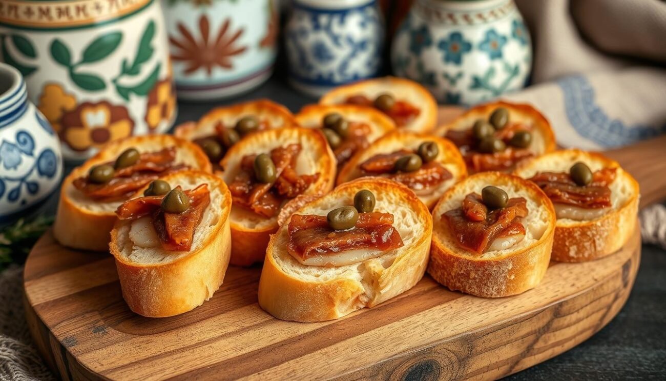 A rustic crostini with anchovies and capers from the Abruzzo region. The bread is golden-brown and crispy, topped with salty anchovies and briny capers. The crostini are arranged artfully on a wooden board, against a backdrop of traditional Italian ceramics and textiles. The lighting is soft and warm, highlighting the rich colors and textures of the dish. The overall mood is one of simple, authentic Italian cuisine, reflecting the traditional preparation and local ingredients that make this specialty a beloved part of Abruzzese culinary heritage.