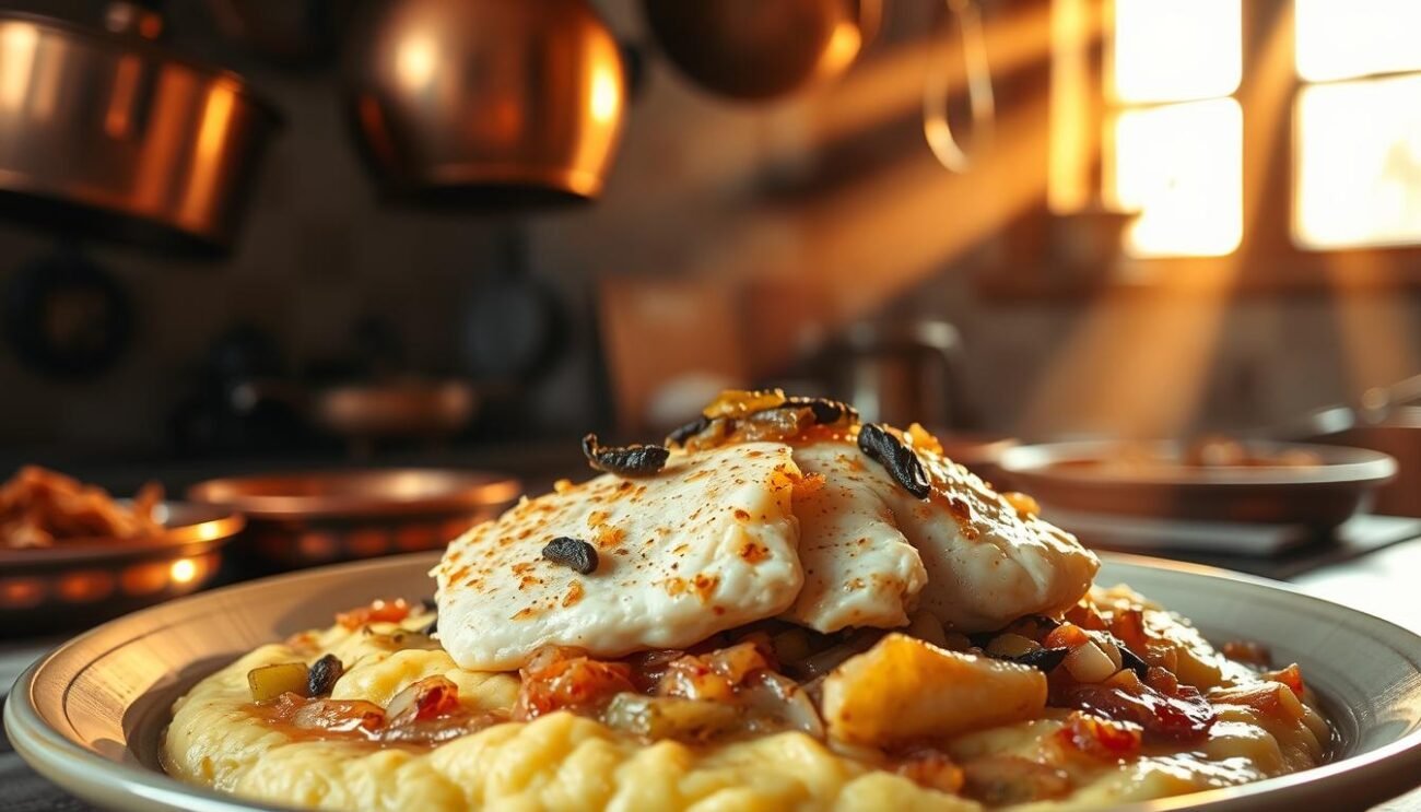 A rustic dish of baccalà (salted and dried cod) simmered in a rich, creamy sauce of milk, onions, and garlic, finished with salty anchovies. The cod, tender and flaky, sits atop a bed of soft, pillowy polenta, dotted with sautéed onions and celery. Shafts of warm, golden light stream through a window, casting a cozy glow over the scene. Polished copper pots and pans hang above, hinting at the kitchen's history. The overall atmosphere is one of homespun comfort and authentic Venetian tradition.