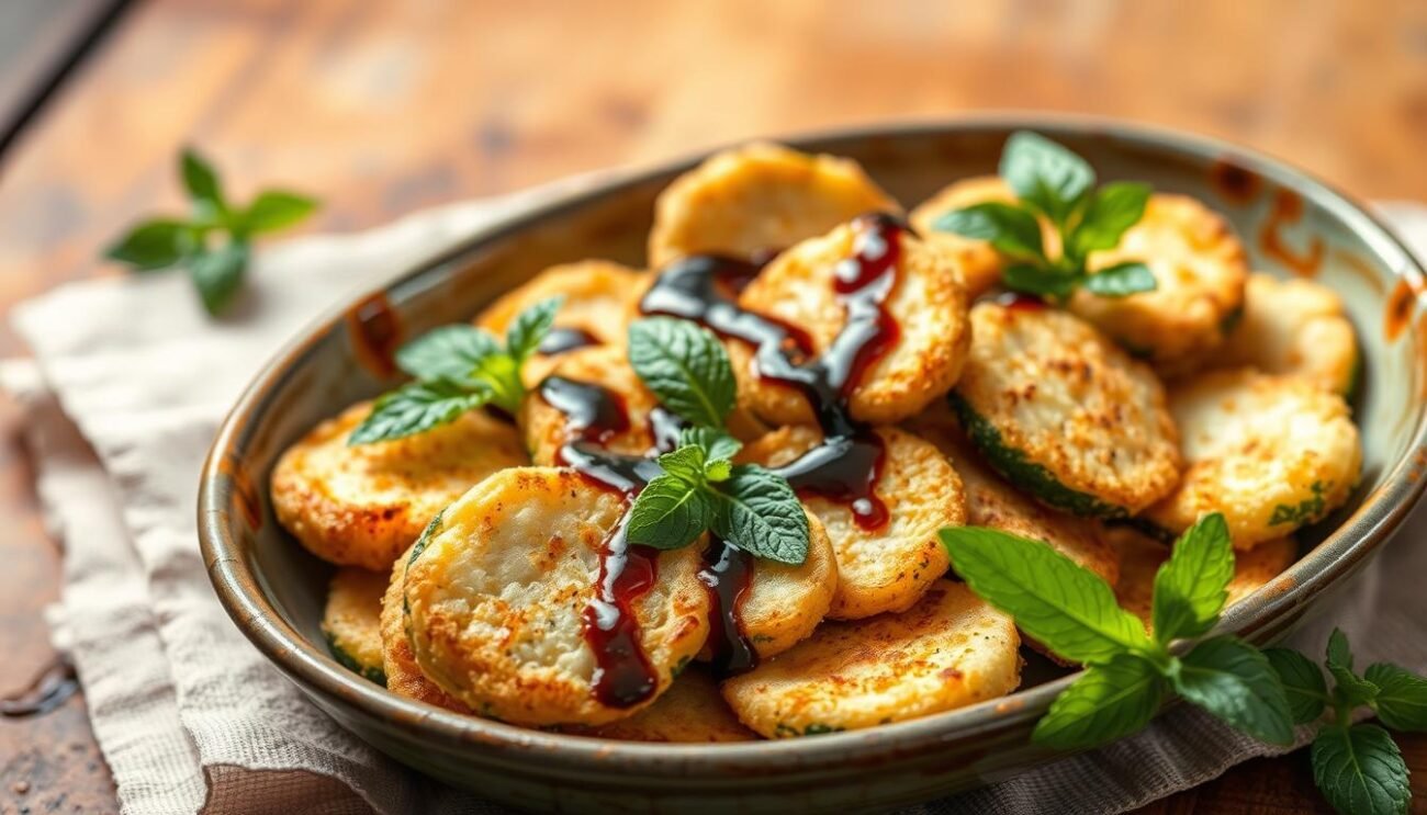 A rustic dish of zucchine scapece, a traditional Italian fried zucchini preparation. The lightly battered zucchini slices are arranged in a shallow dish, accented with vibrant green mint leaves and a drizzle of rich balsamic vinegar. The scene is set against a backdrop of warm, earthy tones, evoking the rustic charm of Italian cuisine. Soft, diffused lighting casts a gentle glow, highlighting the textures and colors of the ingredients. The composition conveys the simplicity and flavor of this beloved regional delicacy. A rustic dish of zucchine scapece, a traditional Italian fried zucchini preparation. The lightly battered zucchini slices are arranged in a shallow dish, accented with vibrant green mint leaves and a drizzle of rich balsamic vinegar. The scene is set against a backdrop of warm, earthy tones, evoking the rustic charm of Italian cuisine. Soft, diffused lighting casts a gentle glow, highlighting the textures and colors of the ingredients. The composition conveys the simplicity and flavor of this beloved regional delicacy.