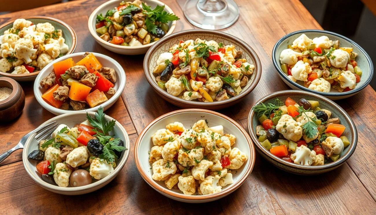 A rustic display of regional variations of the classic Italian "Insalata di Rinforzo" - a festive winter salad made with cauliflower, pickled vegetables, and aromatic herbs. Presented on a wooden table, the salad is arranged in individual servings, showcasing the diverse colors, textures, and flavors found across different Italian regions. Soft natural lighting illuminates the scene, accentuating the vibrant hues of the ingredients and the earthy tones of the serving dishes. The overall atmosphere evokes the warmth and tradition of Italian home cooking, inviting the viewer to explore the nuanced interpretations of this beloved holiday dish.