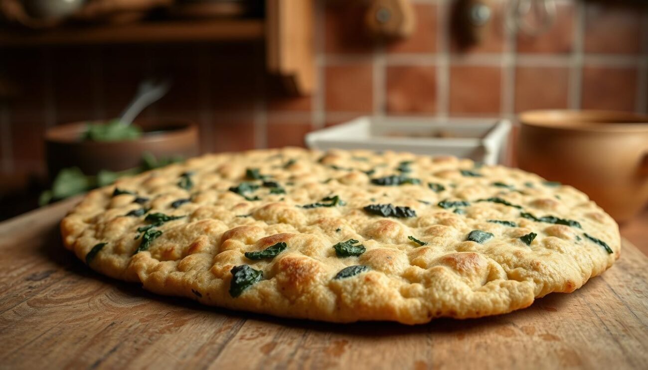 A rustic, earthen-toned scene of an authentic Farinata di Cavolo Nero, a traditional Tuscan flatbread made from chickpea flour and black kale. The foreground features the freshly baked flatbread, its crisp edges curling slightly, with flecks of kale visible throughout. In the middle ground, a simple wooden table or board, perhaps weathered by time, provides a natural backdrop. The background suggests a cozy, country kitchen, with hints of terracotta tiles, simple shelving, and warm, diffused lighting casting a gentle glow over the scene. The overall atmosphere evokes a sense of homespun tradition, honest ingredients, and the comforting flavors of Tuscan cuisine.