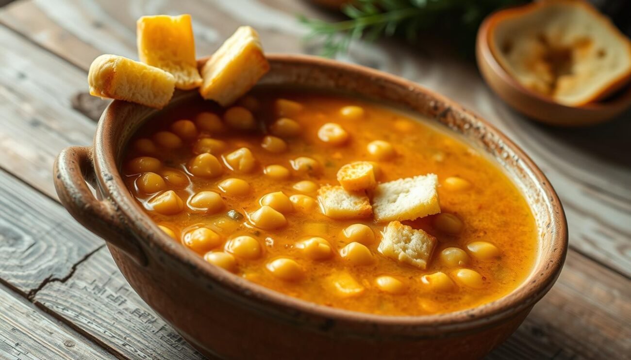 A rustic earthenware bowl brimming with hearty chickpea soup, garnished with crisp golden croutons. The warm, aromatic broth is dotted with tender chickpeas, the textures mingling in a comforting, homestyle preparation. Soft lighting from overhead casts a gentle glow, highlighting the rustic presentation on a weathered wooden table. The scene evokes the simple pleasures of traditional Italian cuisine, inviting the viewer to experience the satisfying flavors of this classic Marche regional dish.