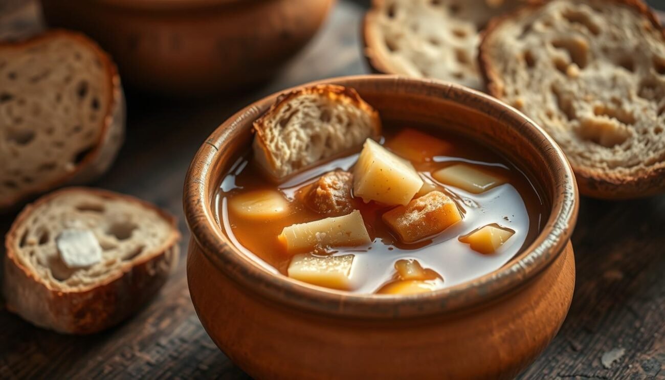 A rustic earthenware bowl brimming with the comforting essence of Zuppa Gallurese - a hearty Sardinian soup made with crusty bread, rich broth, and tangy pecorino cheese. Warm, golden light bathes the scene, casting a cozy glow over the simple, homespun ingredients. The bowl is set against a backdrop of rough-hewn wooden surfaces, evoking the rustic charm of a traditional Sardinian kitchen. The overall mood is one of authentic, time-honored tradition, capturing the soul-nourishing qualities of this beloved regional dish.