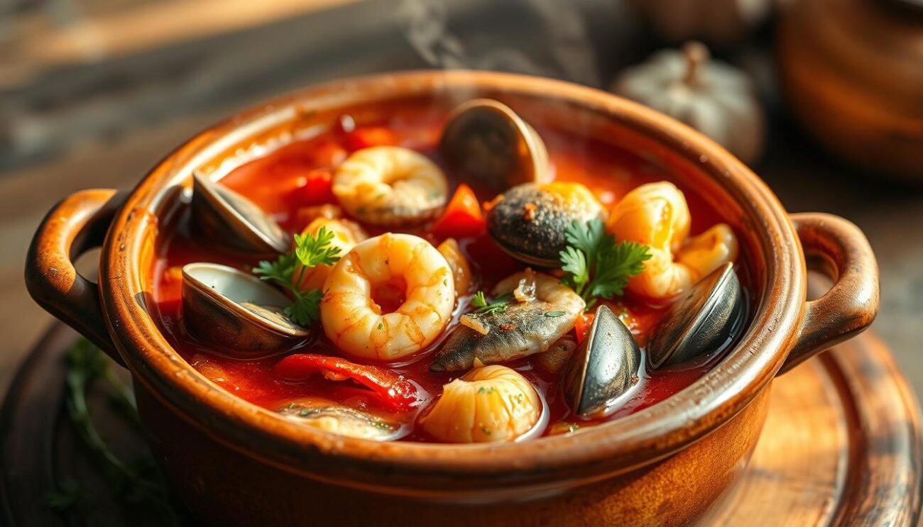 A rustic, earthenware bowl filled to the brim with a hearty, aromatic brodetto vastese. Simmering tomatoes, garlic, and a medley of fresh seafood in a rich, crimson broth. Glistening clams, plump shrimp, and tender fish morsels peeking through the vibrant sauce. Garnished with a scattering of fragrant parsley and a drizzle of golden olive oil. The scene is illuminated by warm, natural lighting, casting a cozy, inviting glow. Shot from a slightly elevated angle to showcase the depth and complexity of this traditional Adriatic stew. Evocative of the coastal heritage and culinary traditions of Vasto, Italy. A rustic, earthenware bowl filled to the brim with a hearty, aromatic brodetto vastese. Simmering tomatoes, garlic, and a medley of fresh seafood in a rich, crimson broth. Glistening clams, plump shrimp, and tender fish morsels peeking through the vibrant sauce. Garnished with a scattering of fragrant parsley and a drizzle of golden olive oil. The scene is illuminated by warm, natural lighting, casting a cozy, inviting glow. Shot from a slightly elevated angle to showcase the depth and complexity of this traditional Adriatic stew. Evocative of the coastal heritage and culinary traditions of Vasto, Italy.