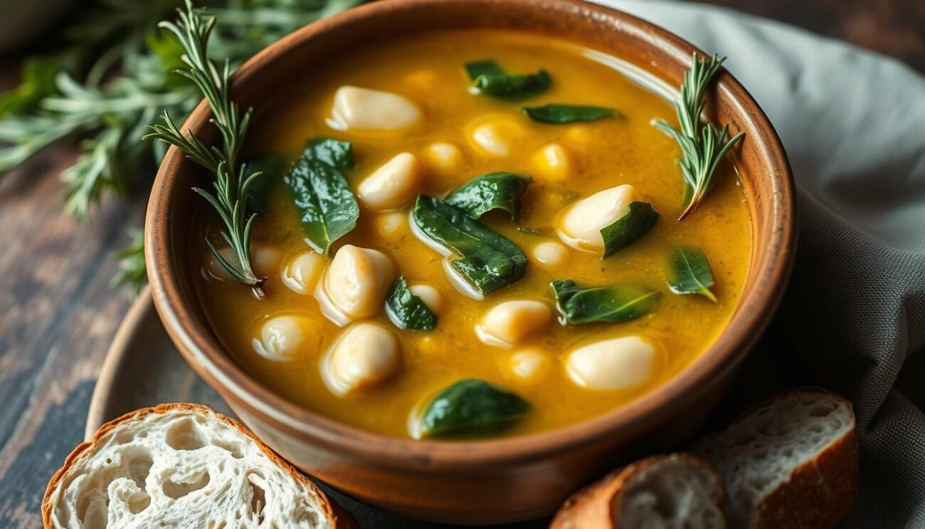 A rustic earthenware bowl filled with a hearty Lucanian zuppa di fave e cicoria, a traditional peasant stew of fava beans and bitter wild chicory greens. The golden broth glistens under natural light, accented by aromatic rosemary sprigs. Chunks of creamy fava beans and vibrant green chicory leaves float in the savory liquid, their contrasting textures and flavors mingling in a simple, homestyle preparation. Crusty country bread awaits on the side, ready to soak up every last drop. The earthiness and bitterness of the dish evoke the hardscrabble lives of rural Italian farmers, their hands calloused from years of toil in the fields.