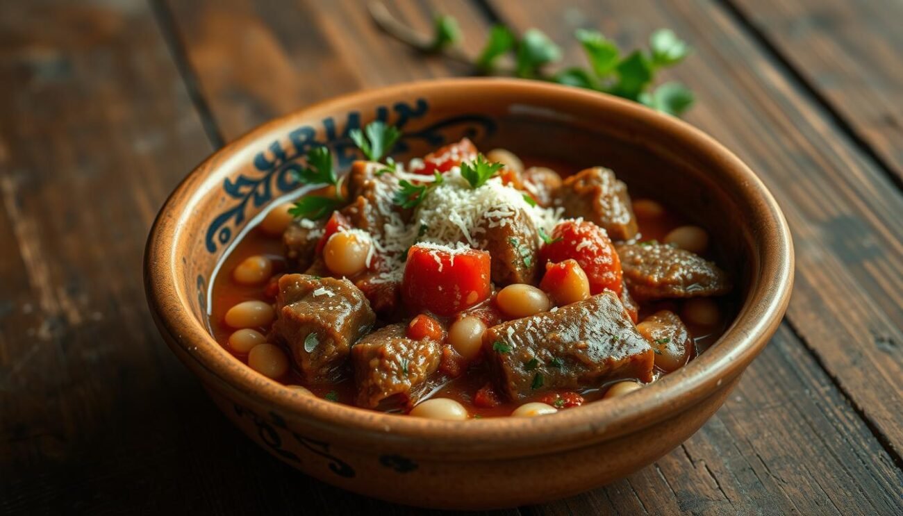A rustic, earthenware bowl filled with the classic Milanese dish, trippa alla milanese. The tender, braised tripe is simmered with tomatoes, white beans, and aromatic herbs, creating a rich, hearty stew. Garnished with grated Parmesan cheese and a sprinkle of fresh parsley, the dish is presented against a backdrop of an old, weathered wooden table, evoking the traditional, homestyle preparation of this beloved regional specialty. Soft, natural lighting illuminates the scene, casting a warm, inviting glow and emphasizing the comforting, rustic nature of this quintessential Italian comfort food. A rustic, earthenware bowl filled with the classic Milanese dish, trippa alla milanese. The tender, braised tripe is simmered with tomatoes, white beans, and aromatic herbs, creating a rich, hearty stew. Garnished with grated Parmesan cheese and a sprinkle of fresh parsley, the dish is presented against a backdrop of an old, weathered wooden table, evoking the traditional, homestyle preparation of this beloved regional specialty. Soft, natural lighting illuminates the scene, casting a warm, inviting glow and emphasizing the comforting, rustic nature of this quintessential Italian comfort food.