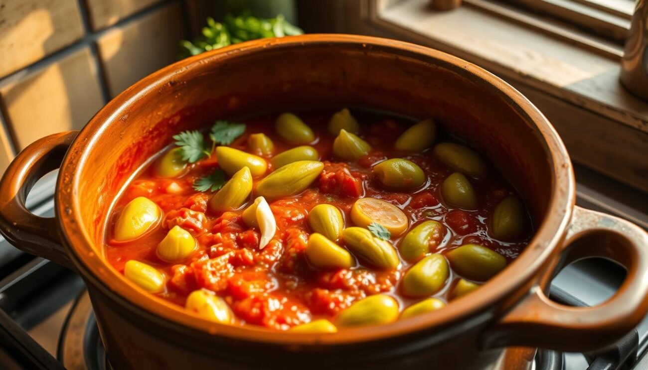 A rustic earthenware pot gently simmering on the stovetop, filled with tender green fagiolini in a luscious tomato-based sauce. Slivers of garlic and fresh parsley add fragrant notes, while the warm, golden light from a nearby window casts a cozy glow over the scene. The fagiolini are plump and vibrant, their verdant hues contrasting beautifully with the rich, ruby-red tomato sauce. A simple, yet flavorful dish, capturing the essence of homestyle Italian cooking.