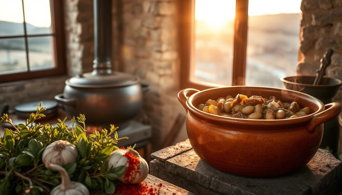A rustic, earthenware pot simmering on a wood-fired stove, the aroma of slow-cooked fava beans and pork wafting through a cozy, stone-walled kitchen. In the foreground, fresh herbs, garlic, and a flurry of paprika spice the scene. Overhead, soft, warm lighting casts a golden glow, highlighting the rich, hearty stew. In the background, a window frames a pastoral Sardinian landscape, rolling hills and olive groves bathed in the soft light of a winter sunset. This is the traditional "Favata Sarda," a treasured culinary heritage passed down through generations, a soulful dish that embodies the essence of Sardinian winter celebrations.