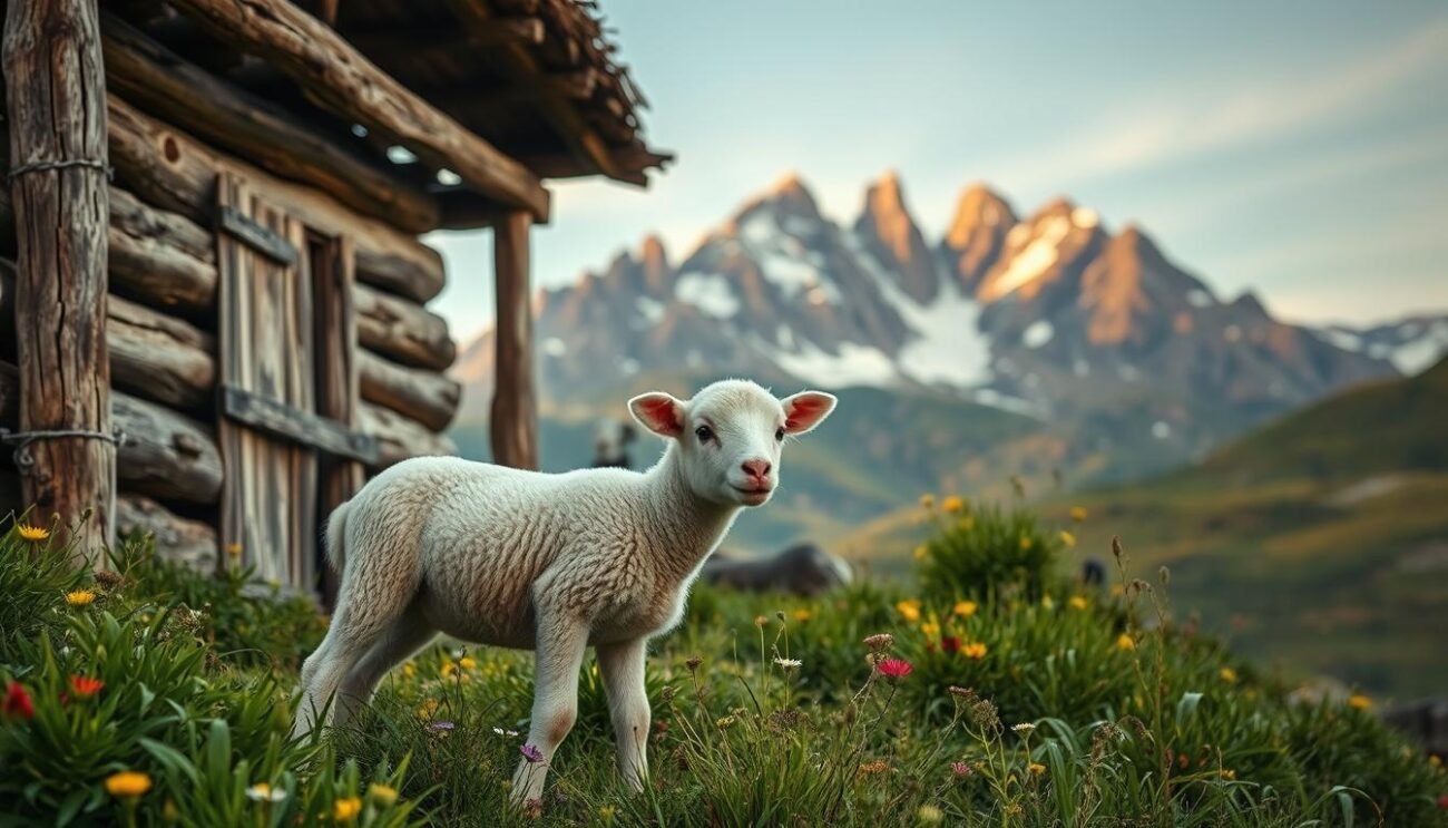 A rustic, earthy scene set in the picturesque Lucanian mountains. In the foreground, a tender lamb, its fleece gently swaying, stands among lush, verdant grass and wildflowers. The midground features a traditional shepherd's hut, its weathered wooden beams and thatched roof evoking a sense of timeless pastoral charm. In the background, rugged, snow-capped peaks rise majestically, their jagged silhouettes framed by a warm, golden-hued sky. The lighting is soft and diffuse, creating a serene, romantic atmosphere that captures the essence of the "Pecora alla Pastora Lucana" dish and its origins in the Lucanian mountain landscape.