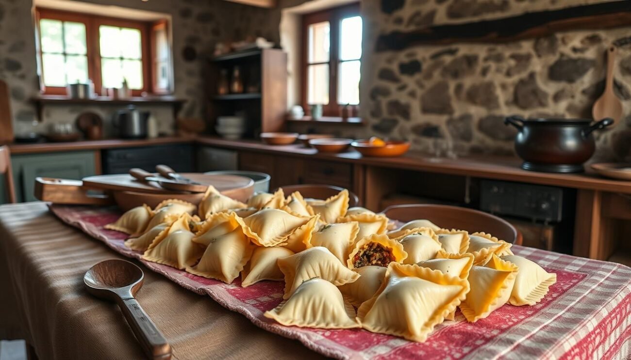 A rustic farmhouse kitchen in the mountains of Carnia, Italy. Soft natural light filters through the windows, casting a warm glow over a table laden with traditional ravioli-like dumplings called "Cjalsons". The dumplings are carefully crafted, their crimped edges revealing a filling of herbs, spices, and a subtle blend of sweet and savory flavors. Wooden utensils, a weathered tablecloth, and a backdrop of exposed stone walls evoke the timeless charm of this regional culinary heritage. The scene exudes a sense of authenticity, inviting the viewer to savor the history and artistry behind these unique Carnia specialties.