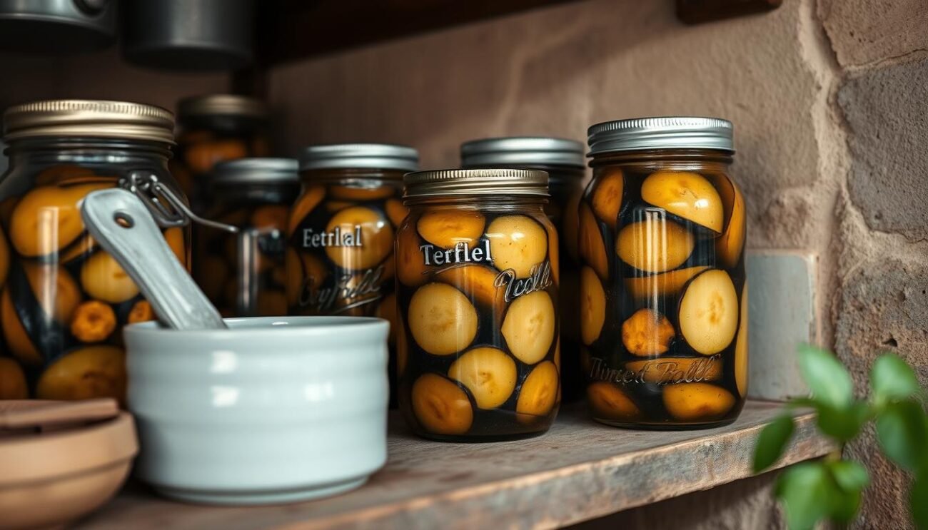 A rustic farmhouse kitchen, warm and inviting, with freshly canned jars of eggplant preserves shimmering on the shelves. The golden-hued eggplant slices, submerged in a rich olive oil, emit an earthy aroma, conveying the simple pleasures of traditional Italian country living. Soft, diffused lighting casts a gentle glow, highlighting the textures and colors of the homemade delicacy. A timeless scene, evoking the hardworking hands and time-honored recipes that have been passed down through generations, preserving the authentic flavors of the Italian countryside.