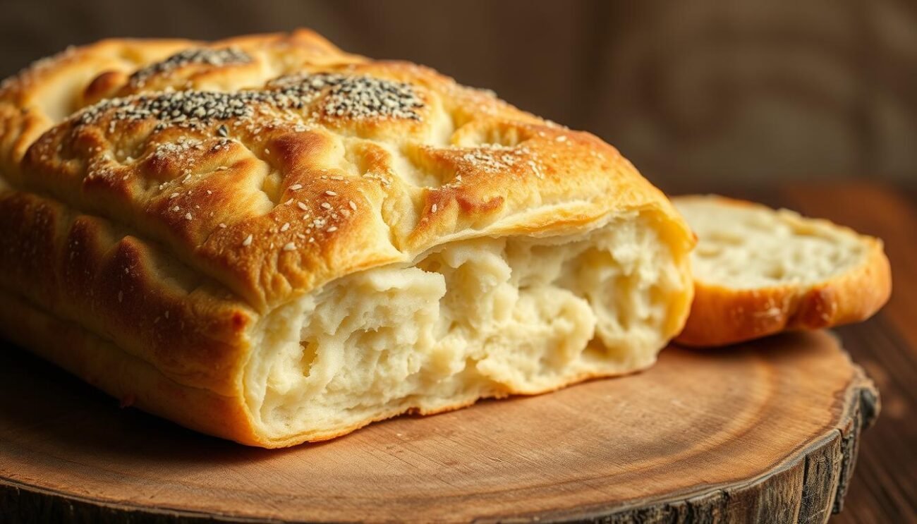 A rustic focaccia bread, the Crescia Sfogliata di Urbino rises with layers of flaky, golden crust. Captured in soft, natural lighting, the loaf rests on a wooden board, its distinct scalloped edges and chewy yet airy interior inviting the viewer to imagine its savory, aromatic qualities. The composition emphasizes the bread's Renaissance-era heritage, framed by a simple, earthy background that evokes the pastoral landscapes of central Italy. Textures and details are crisp, allowing the artisanal craftsmanship of this traditional delicacy to shine. A rustic focaccia bread, the Crescia Sfogliata di Urbino rises with layers of flaky, golden crust. Captured in soft, natural lighting, the loaf rests on a wooden board, its distinct scalloped edges and chewy yet airy interior inviting the viewer to imagine its savory, aromatic qualities. The composition emphasizes the bread's Renaissance-era heritage, framed by a simple, earthy background that evokes the pastoral landscapes of central Italy. Textures and details are crisp, allowing the artisanal craftsmanship of this traditional delicacy to shine.