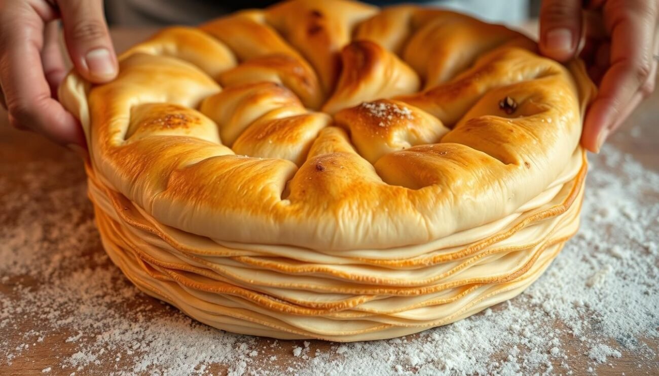 A rustic, freshly baked Crescia di Urbino, its layers glistening with golden-brown crust. The dough has been meticulously folded and stretched, creating an intricate pattern of delicate, paper-thin sheets. In the foreground, a pair of skilled hands carefully peel away the layers, revealing the pillowy soft interior. Warm, yeasty aromas waft through the air, captured in the warm, golden lighting that illuminates the scene. The overall atmosphere is one of artisanal craftsmanship and Renaissance-era culinary tradition, befitting the historic dish. A rustic, freshly baked Crescia di Urbino, its layers glistening with golden-brown crust. The dough has been meticulously folded and stretched, creating an intricate pattern of delicate, paper-thin sheets. In the foreground, a pair of skilled hands carefully peel away the layers, revealing the pillowy soft interior. Warm, yeasty aromas waft through the air, captured in the warm, golden lighting that illuminates the scene. The overall atmosphere is one of artisanal craftsmanship and Renaissance-era culinary tradition, befitting the historic dish.