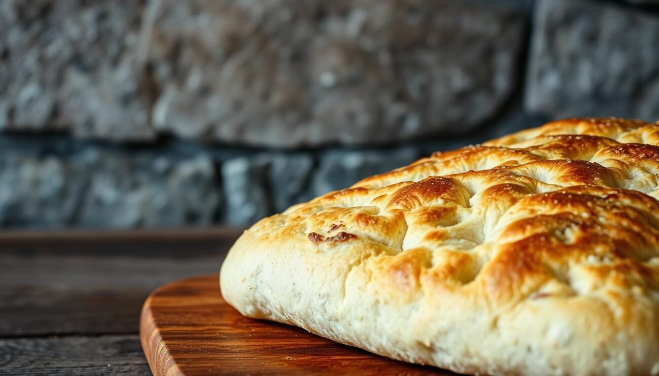 A rustic, freshly baked focaccia with a golden-brown crust, delicately layered and flaky in texture, resting on a wooden surface. The dough is dotted with small pockets of air, a testament to its careful crafting. The surface glistens with a light coating of olive oil, casting a warm glow under the soft, diffused lighting. In the background, a weathered stone wall or countertop provides a timeless, Renaissance-era ambiance, hinting at the long history and regional significance of this classic Italian delicacy, the Crescia Sfogliata di Urbino. A rustic, freshly baked focaccia with a golden-brown crust, delicately layered and flaky in texture, resting on a wooden surface. The dough is dotted with small pockets of air, a testament to its careful crafting. The surface glistens with a light coating of olive oil, casting a warm glow under the soft, diffused lighting. In the background, a weathered stone wall or countertop provides a timeless, Renaissance-era ambiance, hinting at the long history and regional significance of this classic Italian delicacy, the Crescia Sfogliata di Urbino.