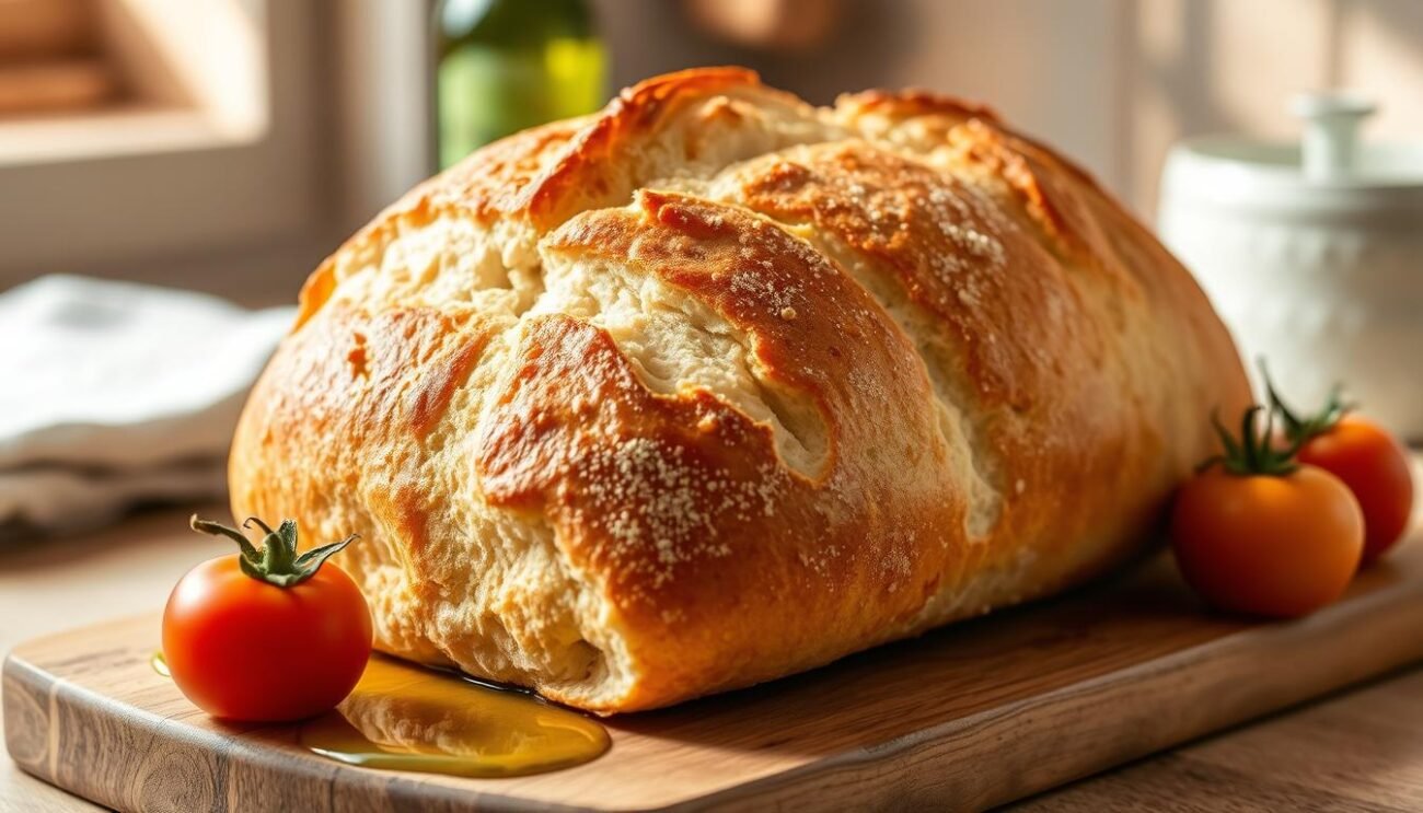A rustic, freshly baked loaf of lievito birra fresco, its golden crust glistening under the warm, natural lighting of an Italian kitchen. The dough, kneaded with care, has risen to perfection, revealing a soft, airy interior. Placed on a simple wooden board, the bread is accompanied by a drizzle of vibrant, emerald green extra virgin olive oil and a few plump, juicy tomatoes, their vibrant hues adding a touch of Mediterranean flair. The scene evokes the authentic, time-honored traditions of Italian cuisine, capturing the essence of the ingredients that make up the beloved Friselle Pugliesi.