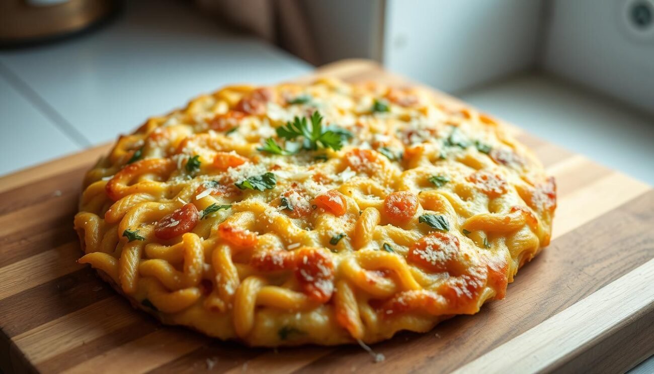 A rustic frittata made with leftover macaroni, golden-brown and fluffy, nestled on a wooden cutting board. The pasta strands intertwine, creating a textural mosaic. Sprinkled with grated Parmesan and fresh parsley, the dish emanates an aroma of Italian comfort. Soft, diffused lighting from a nearby window casts a warm glow, highlighting the dish's homespun charm. The frittata's surface is dotted with air pockets, a testament to its careful preparation. This humble yet delectable antipasto, born from the resourcefulness of Italian cooks, pays homage to the rich culinary traditions of the peninsula.