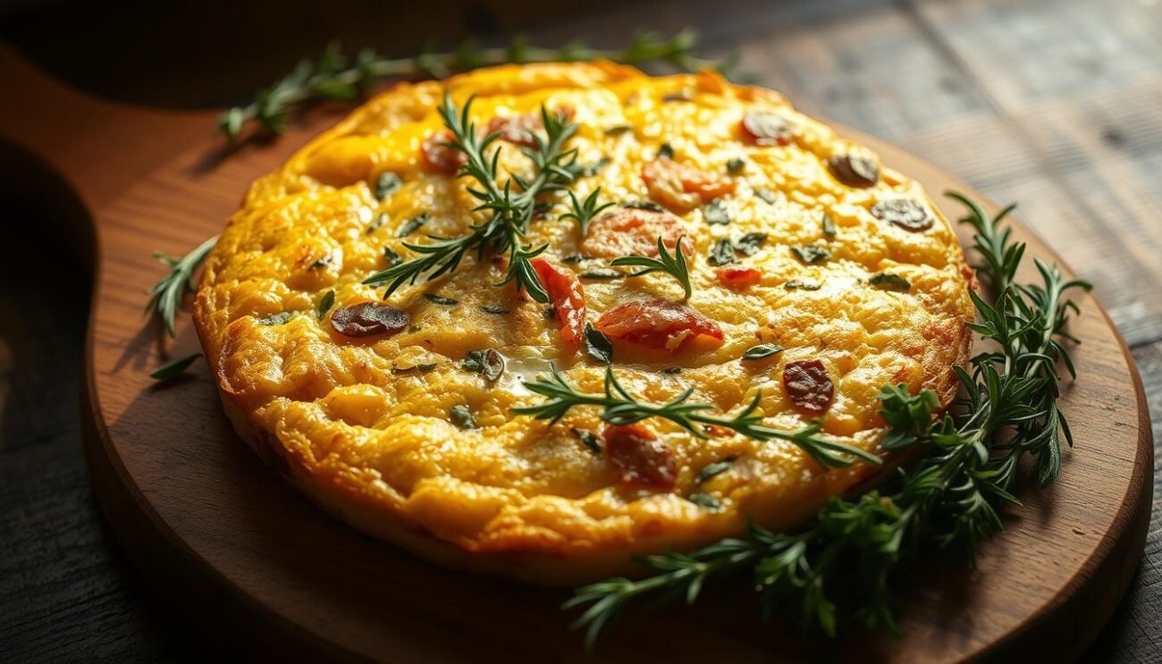 A rustic frittata nestled on a wooden board, its golden surface dotted with vibrant sprigs of aromatic herbs - rosemary, thyme, and oregano. The light casts a warm, earthy glow, highlighting the frittata's fluffy texture and the verdant hues of the herbs. The composition is simple yet elegant, with a focus on the main ingredient - the frittata itself, surrounded by the fragrant garnishes that elevate this homespun dish. The image captures the essence of a traditional Italian antipasto, inviting the viewer to savor the flavors of the countryside.