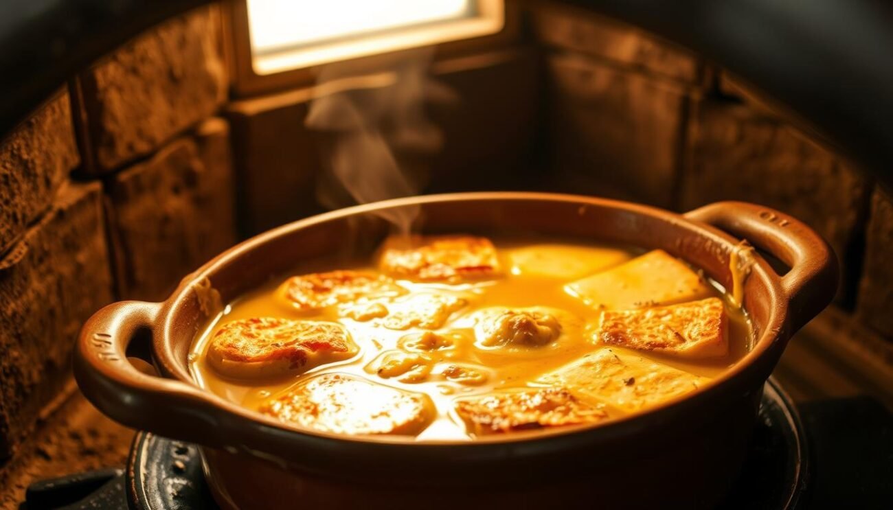 A rustic, golden-crusted Zuppa Gallurese simmers in a traditional Sardinian oven, its aromatic broth infusing the layers of crusty bread and melted pecorino cheese. Soft, even light filters in from a window, casting a warm, inviting glow over the earthenware baking dish. The scene evokes the comforting, homemade flavors of this beloved island dish, perfectly capturing the "Cottura in Forno: Temperatura e Tempi Ideali" section of the article.