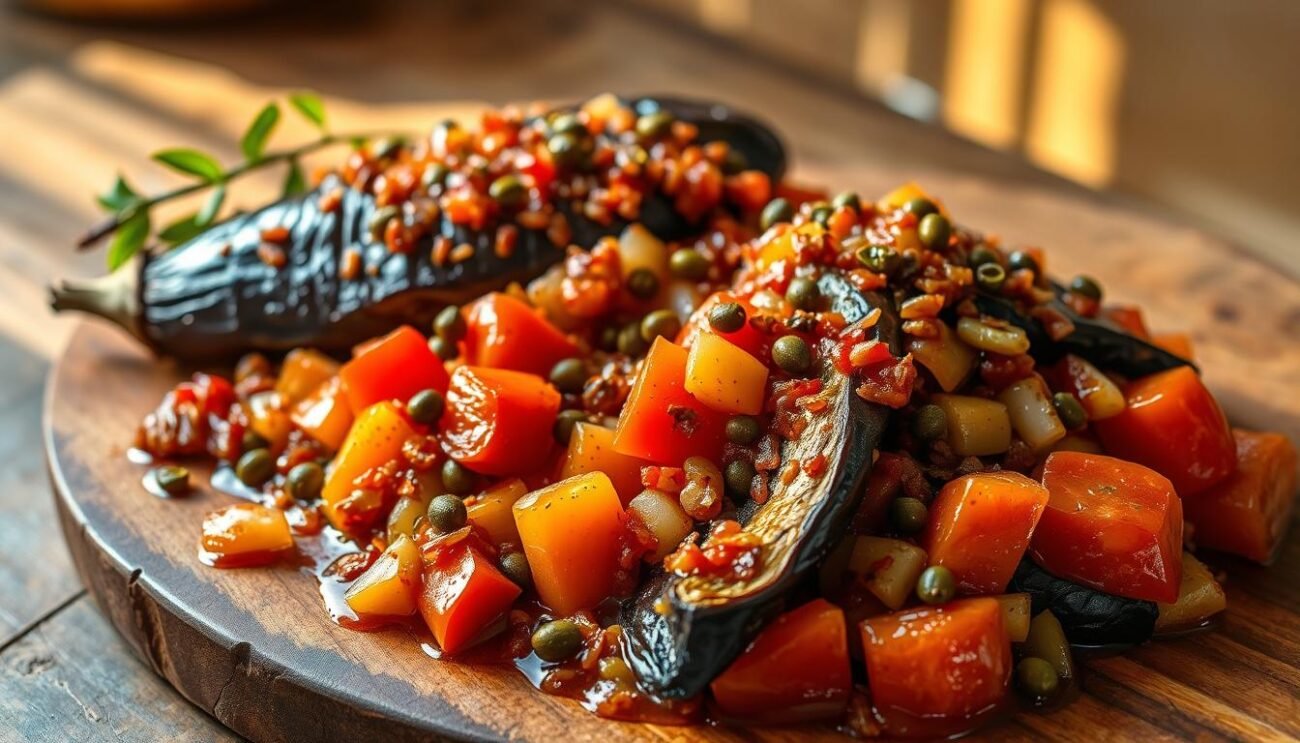 A rustic, hand-crafted Italian caponata, made with freshly roasted eggplant, sautéed onions, celery, capers, and tomato. The vegetables are arranged artfully on a wooden board, drizzled with a tangy, sweet-and-sour sauce. Shafts of warm, golden light illuminate the vibrant colors and textures, creating an inviting, homemade atmosphere. The image captures the essence of an authentic, traditional caponata - a classic Italian antipasto, bursting with bold, Mediterranean flavors.