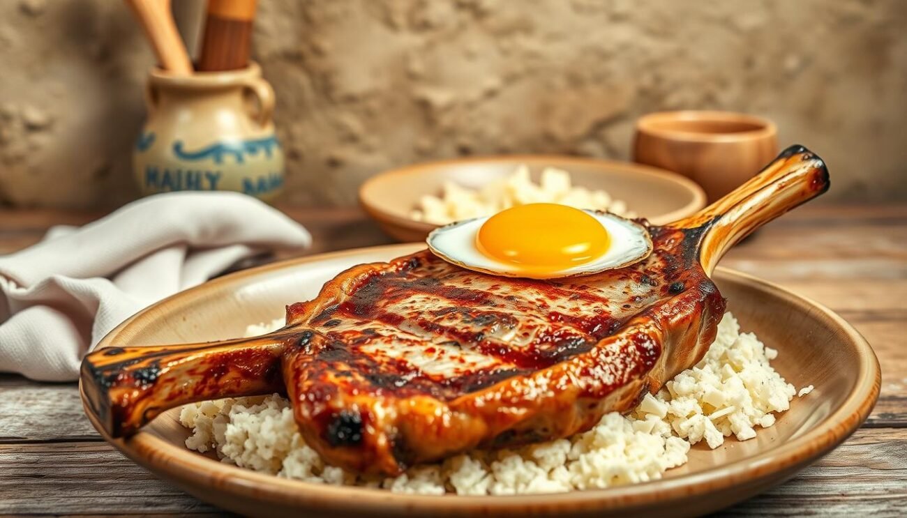 A rustic, handcrafted scene of traditional "Agnello Cacio e Ovo Abruzzese", the classic Easter dish from the Italian countryside. In the foreground, a tender lamb chop is pan-seared to perfection, its golden crust glistening under warm, soft lighting. Nestled alongside, a perfect fried egg with a vibrant yolk rests atop a bed of grated pecorino romano cheese, the sharp, salty flavors mingling harmoniously. In the middle ground, weathered wooden utensils and a simple earthenware plate evoke the homespun nature of the dish. The background features a textured, neutral wall, creating a timeless, pastoral atmosphere befitting the regional speciality.