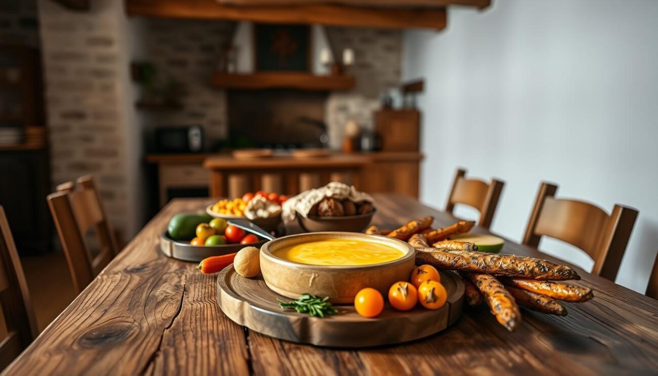 A rustic, handcrafted wooden table set with a traditional Abruzzese cazzimperio. The centerpiece is a melted cheese fondue, surrounded by freshly grilled and roasted seasonal vegetables. Soft, diffused lighting creates a warm, inviting atmosphere, highlighting the earthy tones and textures of the natural ingredients. In the background, a simple, minimalist kitchen setting with exposed beams and stone walls, evoking the historic origins of this classic regional dish. The overall composition conveys a sense of authentic, homemade culinary tradition.