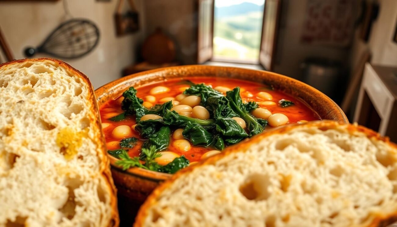 A rustic, hearty Tuscan ribollita soup, steaming hot in a hand-thrown ceramic bowl. Thick slices of crusty sourdough bread, coated in olive oil, adorn the foreground. In the middle ground, dark green kale leaves and tender white beans mingle in a rich, tomato-based broth. The background features a simple, rustic kitchen, with worn wooden beams and a glimpse of the rolling Tuscan countryside beyond an open window. Soft, warm lighting casts a comforting glow over the entire scene, evoking the traditional, homespun nature of this beloved Tuscan peasant dish. A rustic, hearty Tuscan ribollita soup, steaming hot in a hand-thrown ceramic bowl. Thick slices of crusty sourdough bread, coated in olive oil, adorn the foreground. In the middle ground, dark green kale leaves and tender white beans mingle in a rich, tomato-based broth. The background features a simple, rustic kitchen, with worn wooden beams and a glimpse of the rolling Tuscan countryside beyond an open window. Soft, warm lighting casts a comforting glow over the entire scene, evoking the traditional, homespun nature of this beloved Tuscan peasant dish.