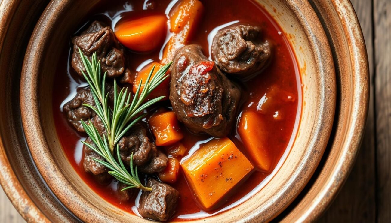 A rustic, hearty dish of wild boar braised in a rich, red wine sauce, accompanied by fragrant herbs and aromatic vegetables. The boar meat is fork-tender, infused with the deep, earthy flavors of the Tuscan countryside. A thick, velvety sauce coats the meat, the wine's acidity providing balance and complexity. Tender root vegetables and fresh rosemary add texture and aroma, while a sprinkle of cracked black pepper enhances the dish's savory notes. Served in a simple, earthenware bowl, this authentic Maremma-style cinghiale in umido evokes the rustic charm and wholesome flavors of traditional Tuscan cuisine. A rustic, hearty dish of wild boar braised in a rich, red wine sauce, accompanied by fragrant herbs and aromatic vegetables. The boar meat is fork-tender, infused with the deep, earthy flavors of the Tuscan countryside. A thick, velvety sauce coats the meat, the wine's acidity providing balance and complexity. Tender root vegetables and fresh rosemary add texture and aroma, while a sprinkle of cracked black pepper enhances the dish's savory notes. Served in a simple, earthenware bowl, this authentic Maremma-style cinghiale in umido evokes the rustic charm and wholesome flavors of traditional Tuscan cuisine.