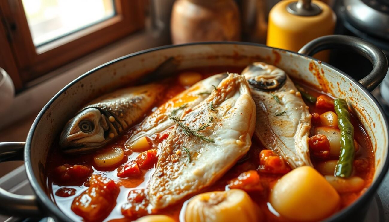A rustic, homemade dish of tender baccalà (salt-cured cod) simmered in a savory tomato-based broth, alongside tender potatoes and crunchy cruschi (fried peppers). The fish glistens with a light coating of olive oil, complemented by the earthy aroma of garlic and herbs. The scene is set in a warm, cozy kitchen, with soft, natural lighting filtering through the window, casting a gentle glow on the simmering pot. The composition emphasizes the simple, yet delicious, peasant-style preparation, evoking the traditional flavors and comforting textures of this classic Molisian recipe.