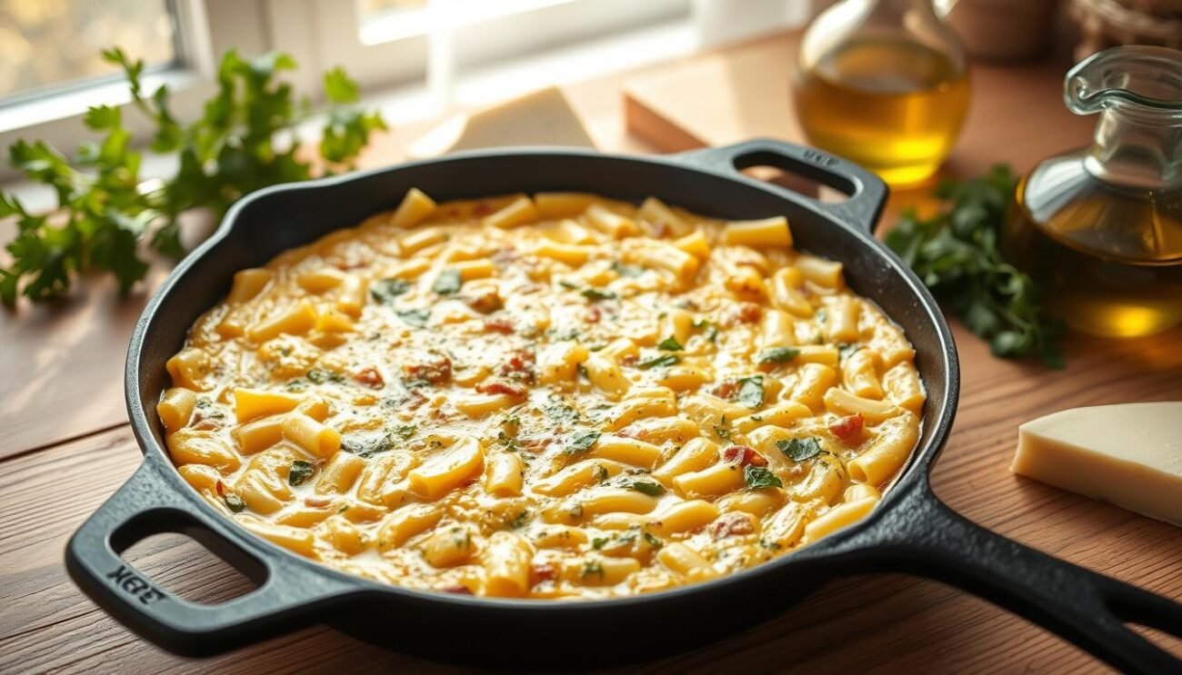 A rustic, homemade frittata made with leftover macaroni noodles, sizzling in a cast iron skillet. The golden eggs are flecked with tender pasta, onions, and herbs, creating a hearty, comforting dish. Soft natural light filters through a nearby window, casting a warm glow over the preparation. The skillet is placed on a wooden table, surrounded by a few simple ingredients - a bundle of fresh parsley, a wedge of Parmesan, and a glass carafe of olive oil. The overall scene exudes a cozy, traditional Italian kitchen vibe, inviting the viewer to imagine the inviting aroma and satisfying texture of this resourceful "Frittata di Maccheroni".