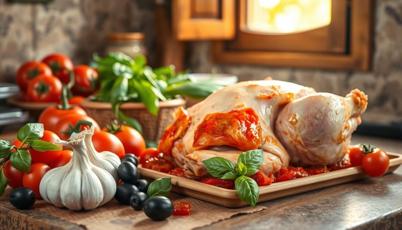 A rustic kitchen counter, adorned with the essential ingredients for the classic Neapolitan Chicken alla Cacciatora: ripe San Marzano tomatoes, wrinkled black olives, fragrant garlic cloves, fresh basil leaves, and a whole, succulent chicken. The warm, golden light from a nearby window casts a cozy glow, setting the stage for the preparation of this beloved regional dish. The scene exudes the comforting aromas and rich flavors that make this Neapolitan delicacy a true culinary treasure.