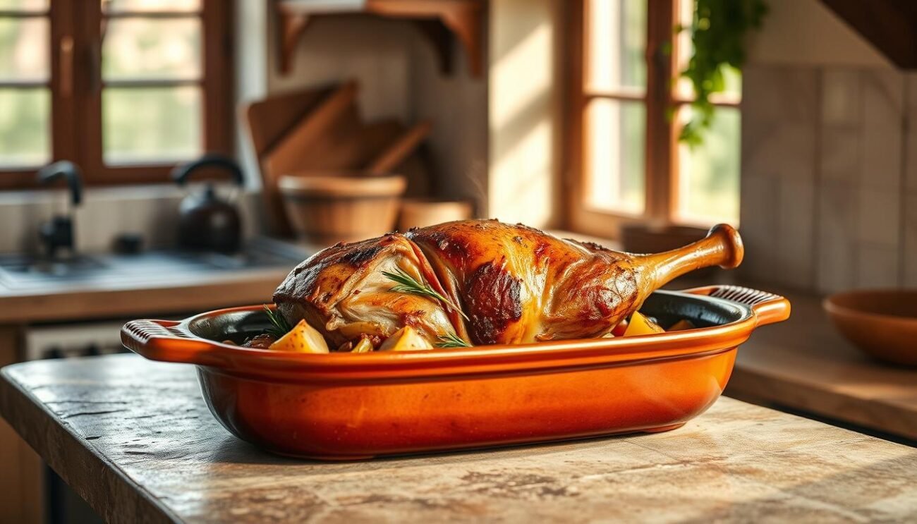A rustic kitchen counter, bathed in warm, natural light filtering through a nearby window. Atop the counter, a large, earthenware baking dish sits, its contents sizzling and bubbling. Inside, a tender, succulent lamb roast, its crisp, golden-brown crust glistening, surrounded by aromatic vegetables - potatoes, onions, and herbs - all slowly caramelizing in the oven's heat. The rich, savory aroma fills the air, evoking the comforts of a traditional Molisana family kitchen. The scene radiates a sense of homespun authenticity, capturing the essence of a time-honored recipe being lovingly prepared, as if by the hands of generations past.