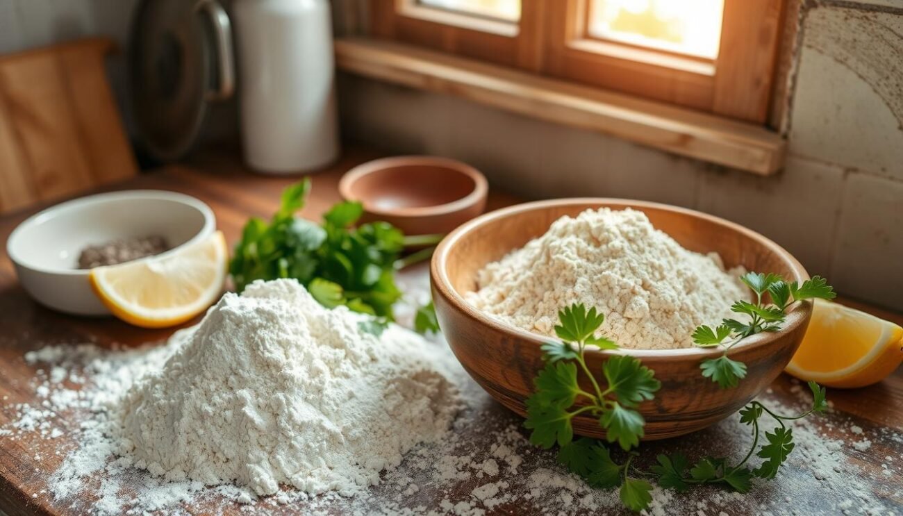 A rustic kitchen counter, dusted with flour, holds an array of ingredients for the traditional Sicilian panelle. Craggy chickpea flour rests in a wooden bowl, waiting to be transformed into the savory fritters. Beside it, a handful of fresh parsley leaves lend their verdant hue, ready to be finely chopped and incorporated. A lone lemon wedge, its zesty aroma permeating the air, stands by to provide a bright finishing touch. Overhead, a warm, natural light filters through a window, casting a soft glow over the preparation scene. The mise en place is set, anticipating the skilled hands that will knead the dough and shape the iconic panelle of Palermo.