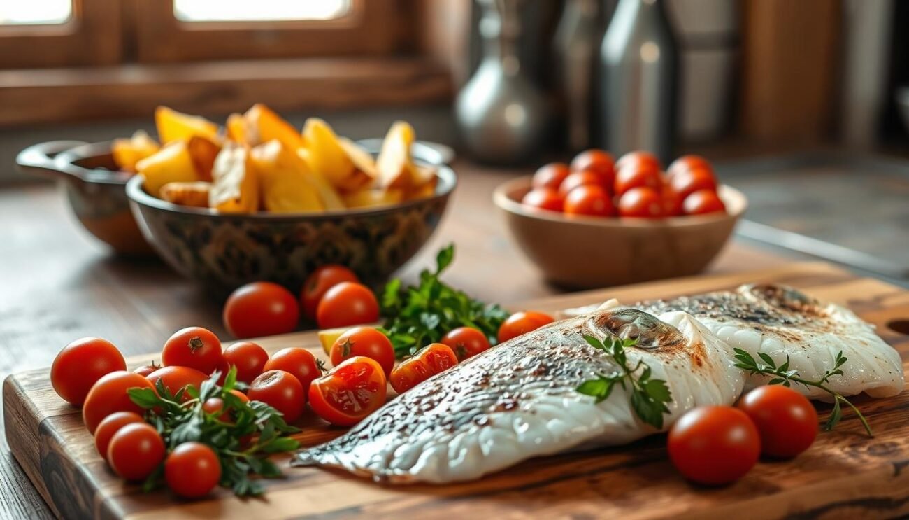 A rustic kitchen counter showcases the fresh ingredients for a classic Baked Sea Bass with Potatoes and Cherry Tomatoes. In the foreground, a wooden board displays tender sea bass fillets, alongside a mix of small, juicy tomatoes and a handful of vibrant green herbs. In the middle ground, a bowl overflows with golden, crispy potato wedges, ready to be roasted alongside the fish. The background features a soft, natural light filtering through a window, casting a warm, inviting glow over the scene. The overall composition evokes the comforting, homemade nature of this traditional Italian dish.
