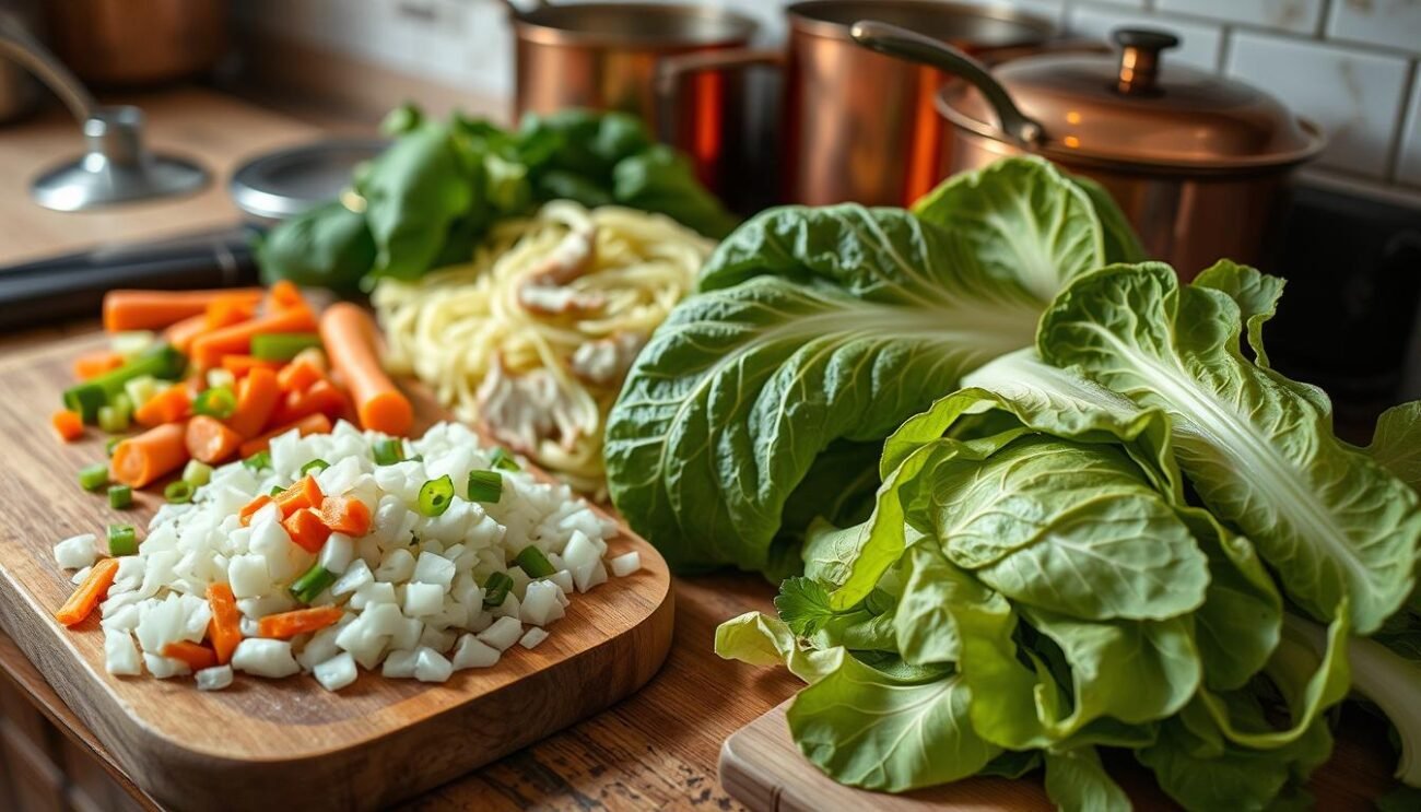 A rustic kitchen counter, softly lit from above, showcases a selection of carefully prepared ingredients for the traditional Milanese cassœula dish. In the foreground, a wooden cutting board displays diced onions, celery, and carrots - the essential soffritto base. Nearby, a pile of freshly trimmed and washed savoy cabbage leaves, their vibrant green hues contrasting with the earthy tones of the pork elements. In the background, glimpses of traditional copper pots and pans suggest the storied culinary heritage of this classic winter comfort food. A rustic kitchen counter, softly lit from above, showcases a selection of carefully prepared ingredients for the traditional Milanese cassœula dish. In the foreground, a wooden cutting board displays diced onions, celery, and carrots - the essential soffritto base. Nearby, a pile of freshly trimmed and washed savoy cabbage leaves, their vibrant green hues contrasting with the earthy tones of the pork elements. In the background, glimpses of traditional copper pots and pans suggest the storied culinary heritage of this classic winter comfort food.