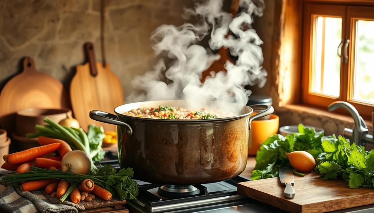 A rustic kitchen scene, centered on a large pot simmering on a stove. Steam rises, revealing a hearty stew known as "Ciavarro Marchigiano" - a traditional spring minestrone from the Marche region of Italy, filled with a variety of legumes and grains. The pot is surrounded by fresh produce - carrots, onions, celery, and leafy greens - as well as a wooden board with a knife, signifying the careful preparation. Warm, natural lighting filters through a window, casting a cozy glow over the scene. The overall mood is one of simple, honest nourishment, capturing the essence of this beloved regional dish. A rustic kitchen scene, centered on a large pot simmering on a stove. Steam rises, revealing a hearty stew known as "Ciavarro Marchigiano" - a traditional spring minestrone from the Marche region of Italy, filled with a variety of legumes and grains. The pot is surrounded by fresh produce - carrots, onions, celery, and leafy greens - as well as a wooden board with a knife, signifying the careful preparation. Warm, natural lighting filters through a window, casting a cozy glow over the scene. The overall mood is one of simple, honest nourishment, capturing the essence of this beloved regional dish.