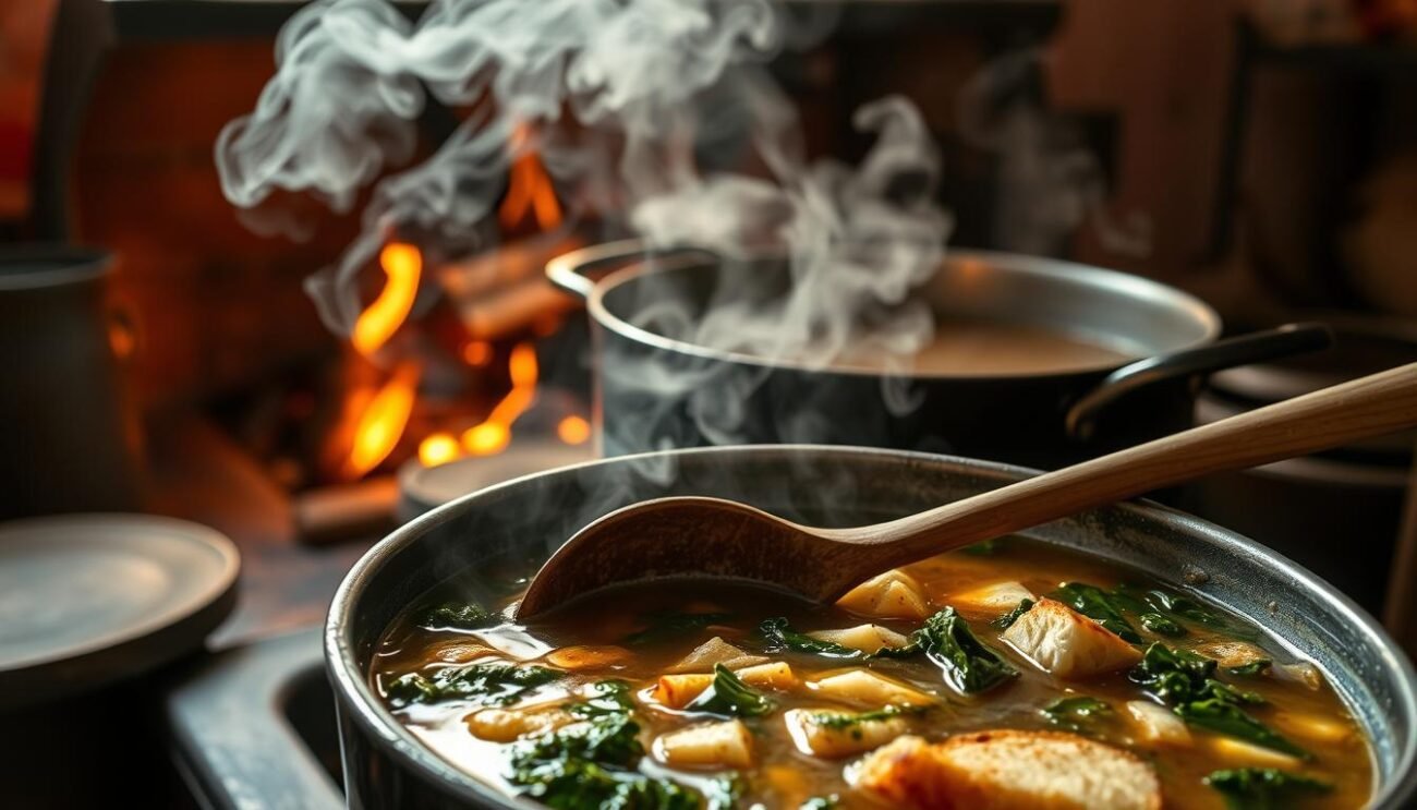 A rustic kitchen scene with a large pot of simmering Ribollita Toscana stew on a wood-fired stove. The pot emits a plume of fragrant steam, illuminated by soft, warm lighting from the crackling fire. In the foreground, a wooden spoon slowly stirs the thick, hearty broth, revealing the tender pieces of cavolo nero (Tuscan kale) and chunks of crusty Tuscan bread. The overall atmosphere is one of homely, traditional Tuscan cooking, with the muted colors and textures of an aged, well-used kitchen creating a cozy, inviting mood. A rustic kitchen scene with a large pot of simmering Ribollita Toscana stew on a wood-fired stove. The pot emits a plume of fragrant steam, illuminated by soft, warm lighting from the crackling fire. In the foreground, a wooden spoon slowly stirs the thick, hearty broth, revealing the tender pieces of cavolo nero (Tuscan kale) and chunks of crusty Tuscan bread. The overall atmosphere is one of homely, traditional Tuscan cooking, with the muted colors and textures of an aged, well-used kitchen creating a cozy, inviting mood.