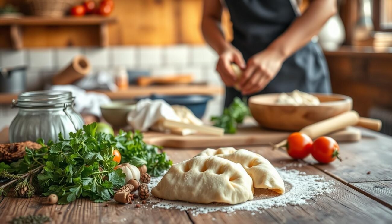 A rustic kitchen setting, with a wooden table in the foreground. On the table, a collection of fresh herbs, spices, and seasonal vegetables are neatly arranged, ready for the preparation of traditional Cjalsons. In the middle ground, a skilled pair of hands carefully knead and shape the dough, meticulously forming the distinctive half-moon shape of the Cjalsons. The background features a warm, natural lighting, casting a gentle glow over the scene, and hinting at the cozy, homely atmosphere of a Carnia kitchen. The overall composition conveys the care, attention to detail, and deep-rooted culinary traditions that go into the making of these beloved regional delicacies.