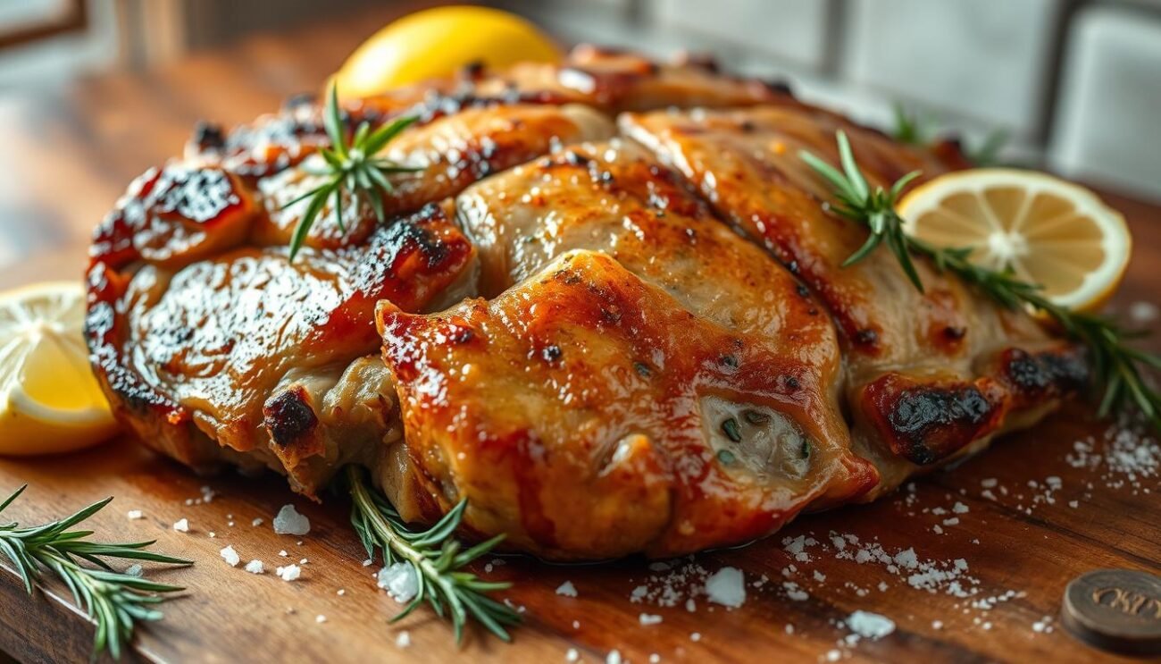 A rustic, mouthwatering close-up of arista alla fiorentina, a traditional Tuscan pork roast. The thick, juicy pork loin is draped in a glossy, golden-brown crust, infused with the fragrant aroma of garlic and rosemary. The meat is served on a wooden cutting board, surrounded by freshly chopped herbs, lemon wedges, and a dusting of coarse sea salt. Warm, natural lighting casts a soft, inviting glow, highlighting the dish's rustic, homemade appeal. The camera angle is low, drawing the viewer's eye directly to the succulent pork, as if about to be carved and served. An atmosphere of simple, authentic Italian cuisine permeates the scene.