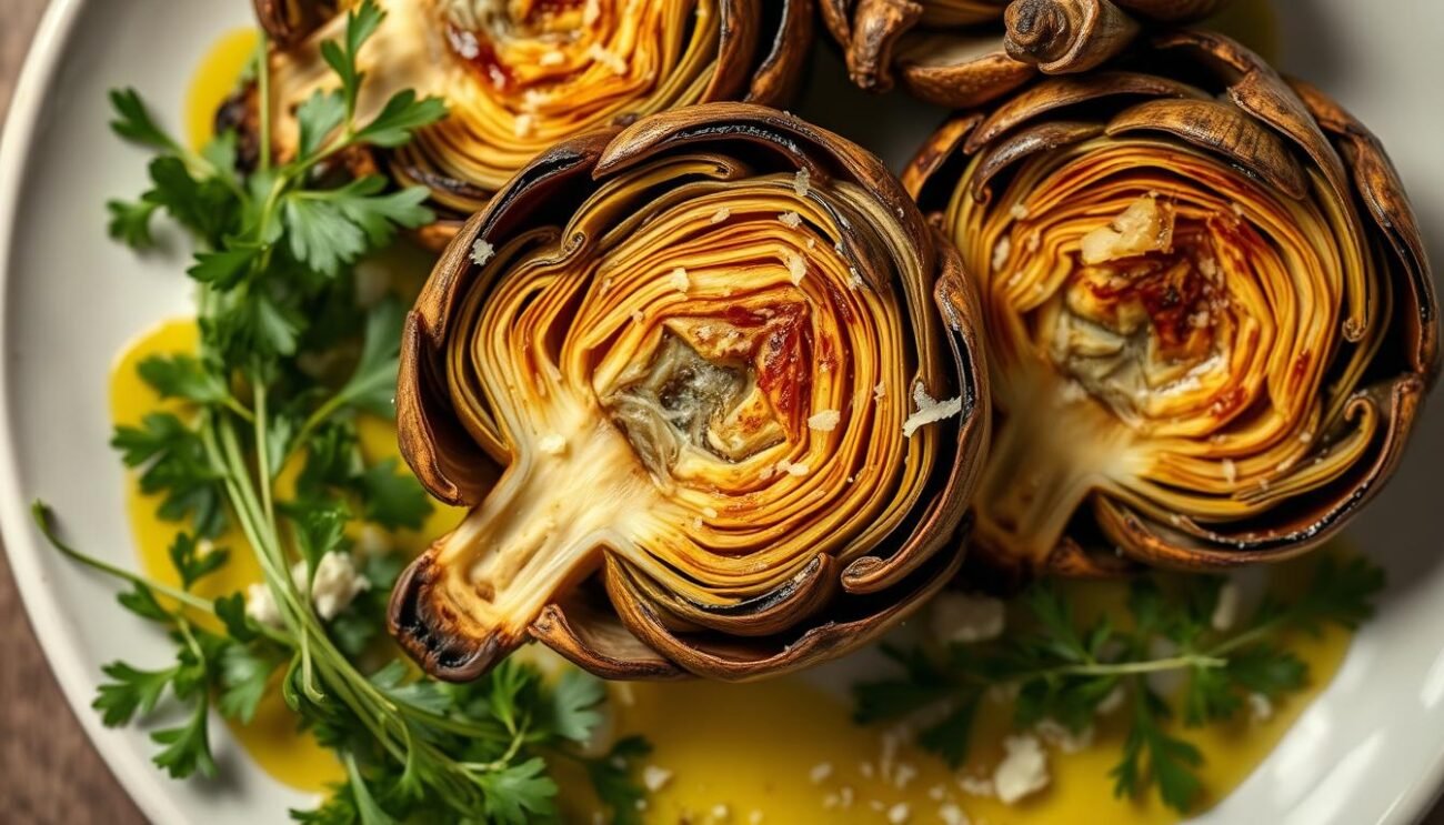 A rustic, overhead shot of freshly prepared carciofi alla romana, the classic Roman-style artichokes. The artichokes are perfectly browned, their leaves fanning out to reveal the tender, aromatic hearts. Strewn around the plate are fresh sprigs of parsley, a drizzle of olive oil, and a dusting of Parmesan cheese. The lighting is soft and warm, accentuating the natural textures and colors of the dish. The background is blurred, allowing the artichokes to take center stage and convey the simplicity and authenticity of this traditional Roman appetizer.
