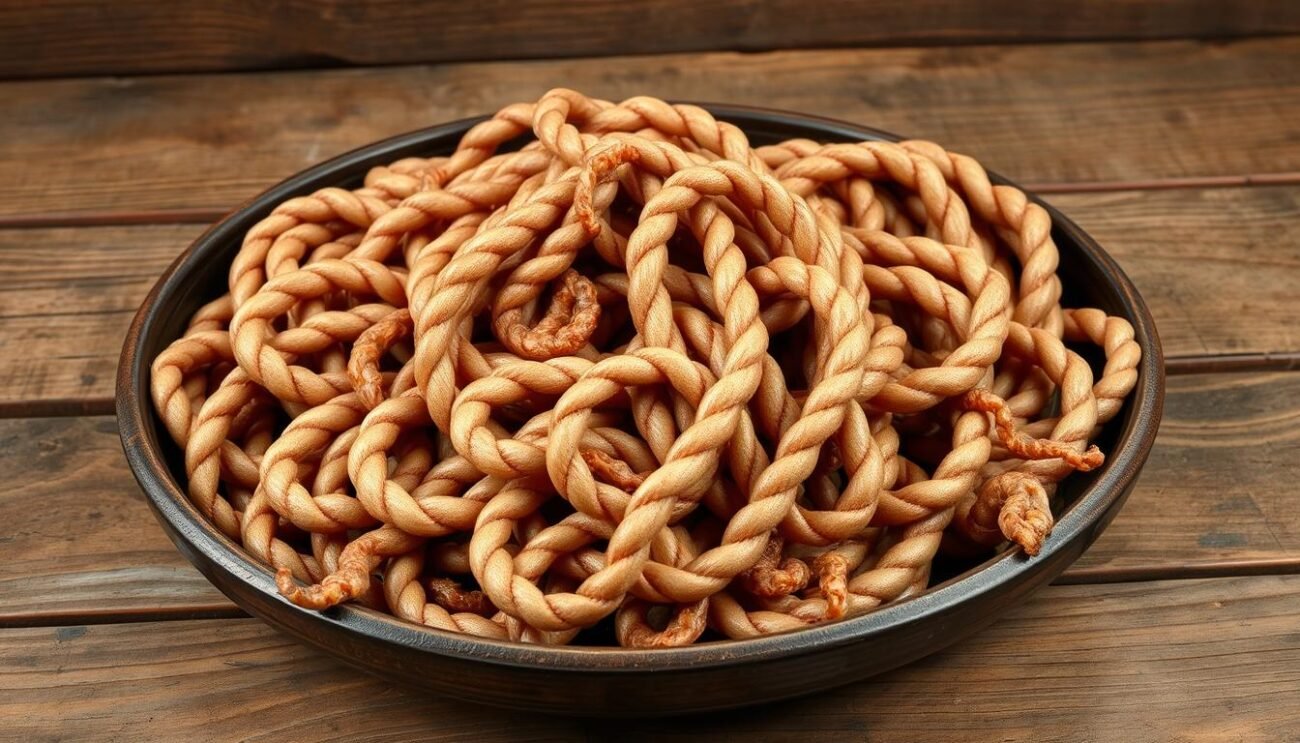A rustic platter filled with intricate braids of tender lamb intestines, the Cordula Sarda is a symbol of the pastoral heritage of the Campidano region. Against a backdrop of weathered wooden planks, the coiled strands of meat glisten under the warm, soft lighting, their intricate patterns a testament to the skilled hands of the local shepherds. The scene evokes a sense of tradition and a connection to the land, capturing the essence of this unique regional delicacy. A rustic platter filled with intricate braids of tender lamb intestines, the Cordula Sarda is a symbol of the pastoral heritage of the Campidano region. Against a backdrop of weathered wooden planks, the coiled strands of meat glisten under the warm, soft lighting, their intricate patterns a testament to the skilled hands of the local shepherds. The scene evokes a sense of tradition and a connection to the land, capturing the essence of this unique regional delicacy.