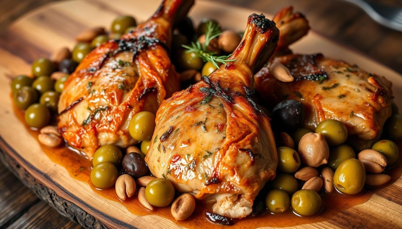 A rustic platter of Coniglio alla Ligure, a traditional Ligurian rabbit dish. The tender rabbit meat is braised in a rich sauce of Taggiasche olives, pine nuts, garlic, and fresh herbs. The dish is presented on a wooden board, with the glossy rabbit pieces nestled among the vibrant green olives and toasted pine nuts. Soft, ambient lighting casts a warm glow, highlighting the textures and flavors of this classic Italian second course. The composition evokes the cozy, homestyle charm of Ligurian cuisine, inviting the viewer to savor the robust, Mediterranean flavors.