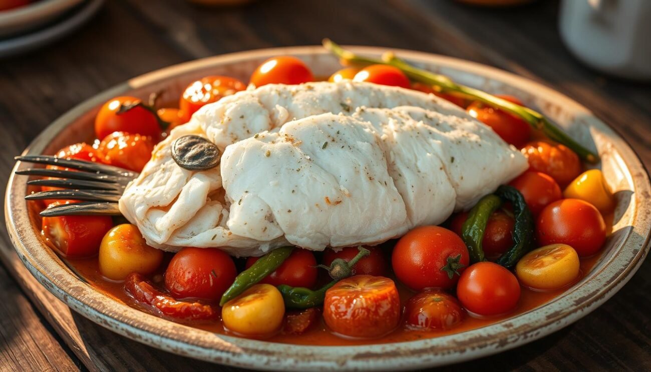 A rustic platter of savory Baccalà alla Potentina, the beloved seafood dish from the Lucanian region of Italy. Fresh cod, expertly poached and flaked, nestled atop a bed of cruschi (fried peppers) and juicy, ripe tomatoes. The scene is bathed in warm, golden light, casting a soft glow on the ingredients. The composition is simple yet elegant, showcasing the dish's vibrant colors and textures. Artfully arranged on a worn, wooden table, the Baccalà alla Potentina is ready to be savored, a true taste of traditional Lucanian cuisine.