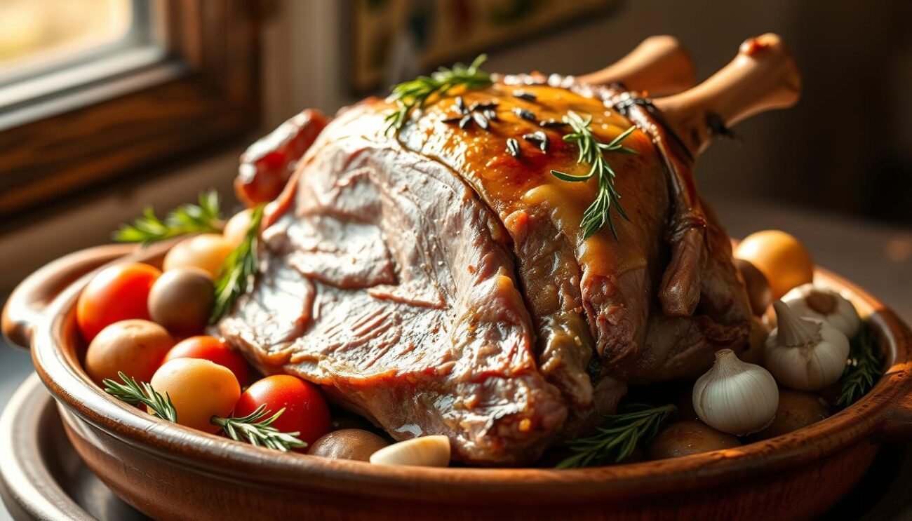 A rustic roast of freshly butchered capretto, glistening with olive oil and fragrant herbs from the Molise region. The tender lamb is surrounded by a medley of seasonal vegetables - sun-ripened tomatoes, earthy potatoes, and aromatic garlic cloves. Earthy notes of rosemary, sage, and thyme waft through the air, creating a mouthwatering aroma. The capretto is showcased on a simple, yet elegant earthenware dish, illuminated by the warm glow of natural light streaming through a window. A timeless representation of the cherished culinary traditions of Molise, capturing the essence of this special occasion dish. A rustic roast of freshly butchered capretto, glistening with olive oil and fragrant herbs from the Molise region. The tender lamb is surrounded by a medley of seasonal vegetables - sun-ripened tomatoes, earthy potatoes, and aromatic garlic cloves. Earthy notes of rosemary, sage, and thyme waft through the air, creating a mouthwatering aroma. The capretto is showcased on a simple, yet elegant earthenware dish, illuminated by the warm glow of natural light streaming through a window. A timeless representation of the cherished culinary traditions of Molise, capturing the essence of this special occasion dish.