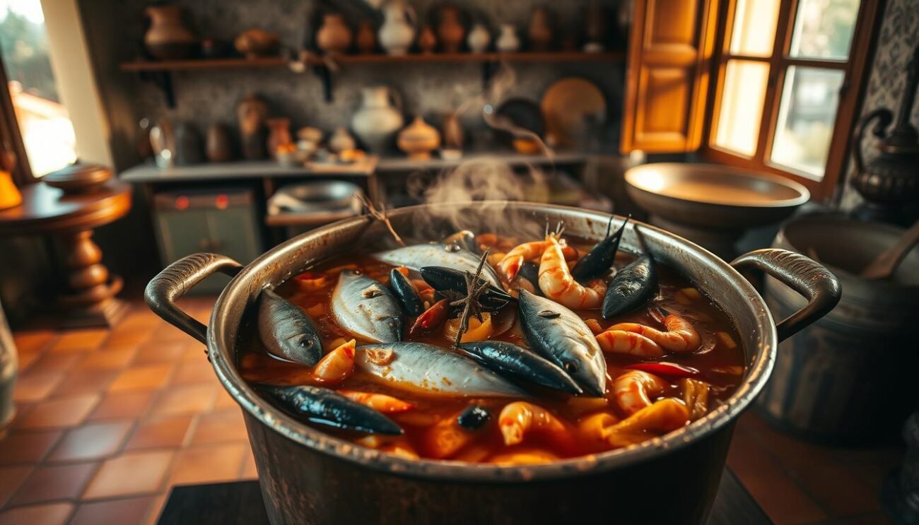 A rustic seafood stew simmering in a copper pot, filled with a medley of five fresh fish - anchovies, sardines, rockfish, cuttlefish, and prawns. The broth has a deep, savory flavor, infused with the essence of the Ligurian Sea. The scene is set in a cozy Livornese kitchen, bathed in warm, golden light that filters in through a large window. Terracotta tiles line the floor, and shelves on the wall hold a collection of antique pottery. The atmosphere is one of comfort and tradition, reflecting the long history and beloved status of this iconic Tuscan dish.