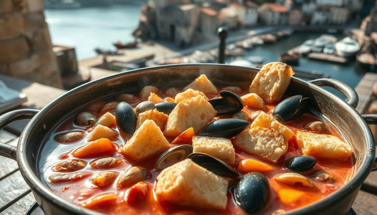 A rustic seafood stew simmering in a large pot, filled with a medley of fresh fish, clams, and mussels. The broth has a rich, tomatoey hue, infused with the tangy aroma of vinegar. Soft, pillowy bread chunks float on the surface, soaking up the flavorful liquid. The scene is bathed in warm, natural light, casting a cozy, homemade atmosphere. In the background, a quaint coastal town can be seen, with weathered buildings and a picturesque harbor. This is the traditional Brodetto alla Fanese, a time-honored Italian seafood dish with a unique history and origins. A rustic seafood stew simmering in a large pot, filled with a medley of fresh fish, clams, and mussels. The broth has a rich, tomatoey hue, infused with the tangy aroma of vinegar. Soft, pillowy bread chunks float on the surface, soaking up the flavorful liquid. The scene is bathed in warm, natural light, casting a cozy, homemade atmosphere. In the background, a quaint coastal town can be seen, with weathered buildings and a picturesque harbor. This is the traditional Brodetto alla Fanese, a time-honored Italian seafood dish with a unique history and origins.