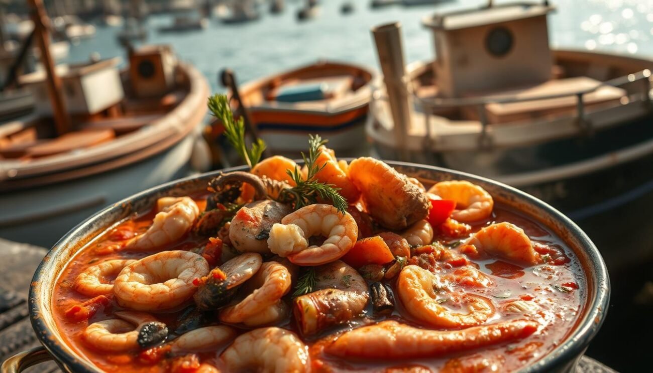 A rustic seafood stew simmering in a rich tomato broth, the Cacciucco alla Livornese is a culinary treasure of Livorno, Italy. Set against a backdrop of weathered fishing boats and a sun-dappled Mediterranean harbor, this hearty dish features a bounty of fresh-caught seafood - tender octopus, plump shrimp, flaky white fish - mingling with aromatic herbs, garlic, and San Marzano tomatoes. Evocative of the region's seafaring heritage, the scene is illuminated by soft, golden light, casting a warm, inviting glow over the scene. Capturing the essence of this iconic regional dish, the image showcases the Cacciucco's rustic charm and the enduring traditions that define the flavors of Livorno. A rustic seafood stew simmering in a rich tomato broth, the Cacciucco alla Livornese is a culinary treasure of Livorno, Italy. Set against a backdrop of weathered fishing boats and a sun-dappled Mediterranean harbor, this hearty dish features a bounty of fresh-caught seafood - tender octopus, plump shrimp, flaky white fish - mingling with aromatic herbs, garlic, and San Marzano tomatoes. Evocative of the region's seafaring heritage, the scene is illuminated by soft, golden light, casting a warm, inviting glow over the scene. Capturing the essence of this iconic regional dish, the image showcases the Cacciucco's rustic charm and the enduring traditions that define the flavors of Livorno.