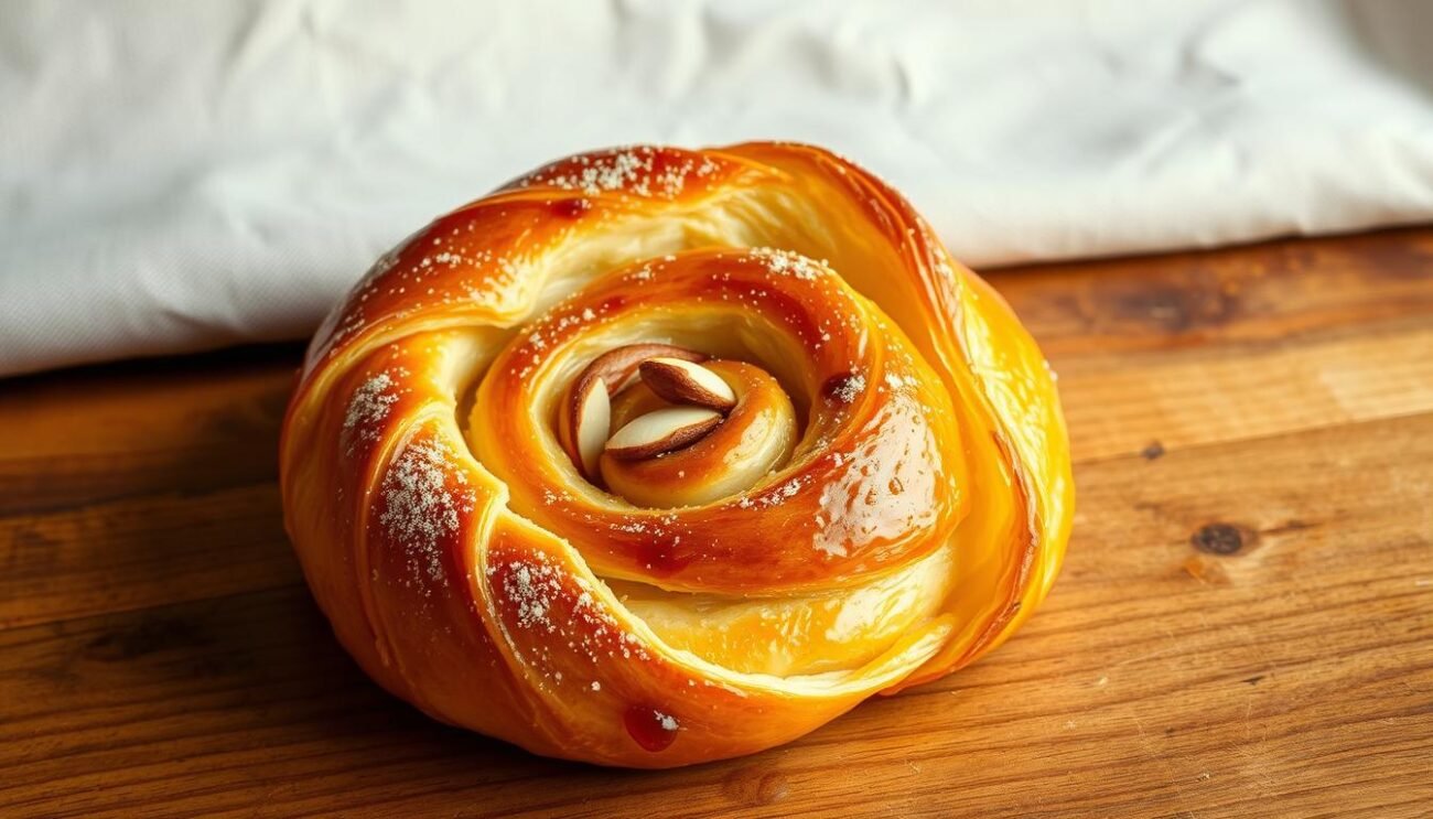 A rustic spiral pastry, golden-brown and irresistible, sits atop a wooden table. The flaky dough wraps around a rich filling of fragrant honey and toasted almonds, a traditional Sardinian delicacy. The light casts a warm glow, accentuating the intricate swirls and the glossy, caramelized surface. In the background, a plain linen cloth provides a simple, earthy backdrop, allowing the spiraling tiriccas to take center stage. This timeless Sardinian confection, with its centuries-old origins, embodies the island's rich culinary heritage and the enduring allure of homemade, artisanal pastries. A rustic spiral pastry, golden-brown and irresistible, sits atop a wooden table. The flaky dough wraps around a rich filling of fragrant honey and toasted almonds, a traditional Sardinian delicacy. The light casts a warm glow, accentuating the intricate swirls and the glossy, caramelized surface. In the background, a plain linen cloth provides a simple, earthy backdrop, allowing the spiraling tiriccas to take center stage. This timeless Sardinian confection, with its centuries-old origins, embodies the island's rich culinary heritage and the enduring allure of homemade, artisanal pastries.