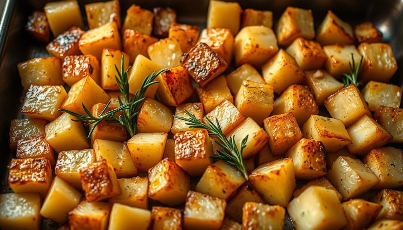 A rustic square-cut potato dish, fresh from the oven, with a golden-brown crust and fragrant rosemary sprigs. The potatoes are cut into evenly-sized cubes, lending a satisfying texture. Soft, fluffy interiors contrast with the crisp, caramelized edges. Warm lighting casts a homey glow, highlighting the natural earthy tones. The potatoes are arranged on a simple, unadorned baking tray, emphasizing their humble yet delectable nature. This classic roasted potato side dish exudes the comforting, traditional flavors of Italian home cooking.