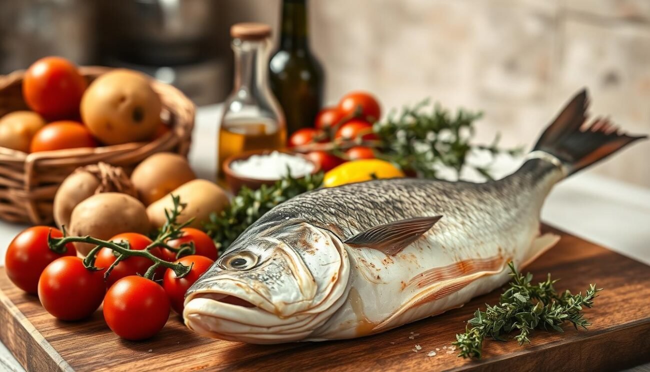 A rustic still life arrangement showcasing the essential ingredients for a traditional Italian baked sea bream dish. In the foreground, a whole orata (sea bream) rests on a wooden cutting board, flanked by freshly harvested potatoes, ripe cherry tomatoes, and sprigs of fragrant myrtle. The middle ground features a drizzle of olive oil, a sprinkle of sea salt, and a scattering of aromatic herbs. The background is softly lit, with hints of a Mediterranean-style kitchen setting, creating a warm, inviting atmosphere. The composition is balanced, highlighting the key elements of this authentic Sardinian recipe. A rustic still life arrangement showcasing the essential ingredients for a traditional Italian baked sea bream dish. In the foreground, a whole orata (sea bream) rests on a wooden cutting board, flanked by freshly harvested potatoes, ripe cherry tomatoes, and sprigs of fragrant myrtle. The middle ground features a drizzle of olive oil, a sprinkle of sea salt, and a scattering of aromatic herbs. The background is softly lit, with hints of a Mediterranean-style kitchen setting, creating a warm, inviting atmosphere. The composition is balanced, highlighting the key elements of this authentic Sardinian recipe.